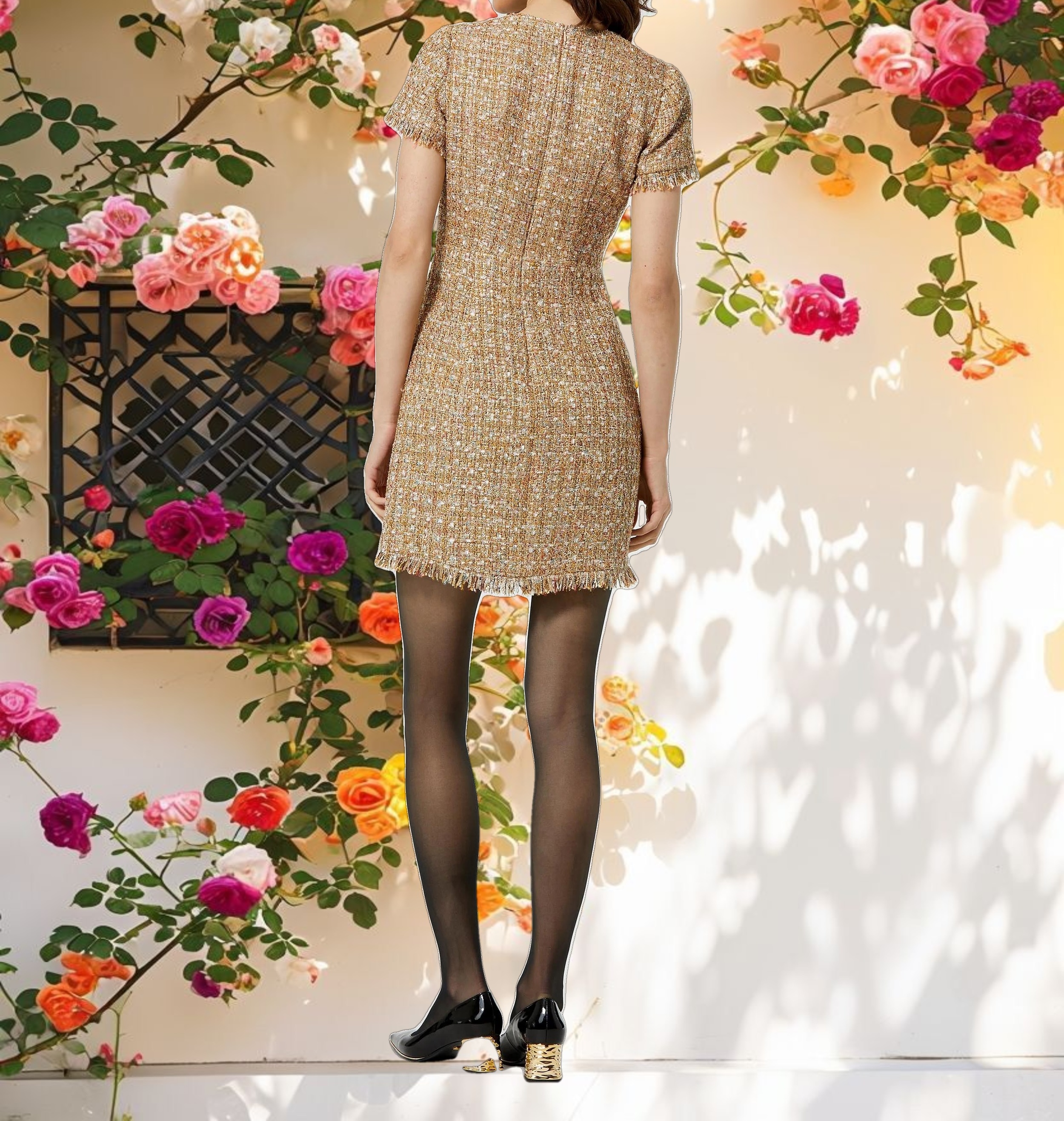 Beige Boucle Short Sleeve Mini Dress With Pockets