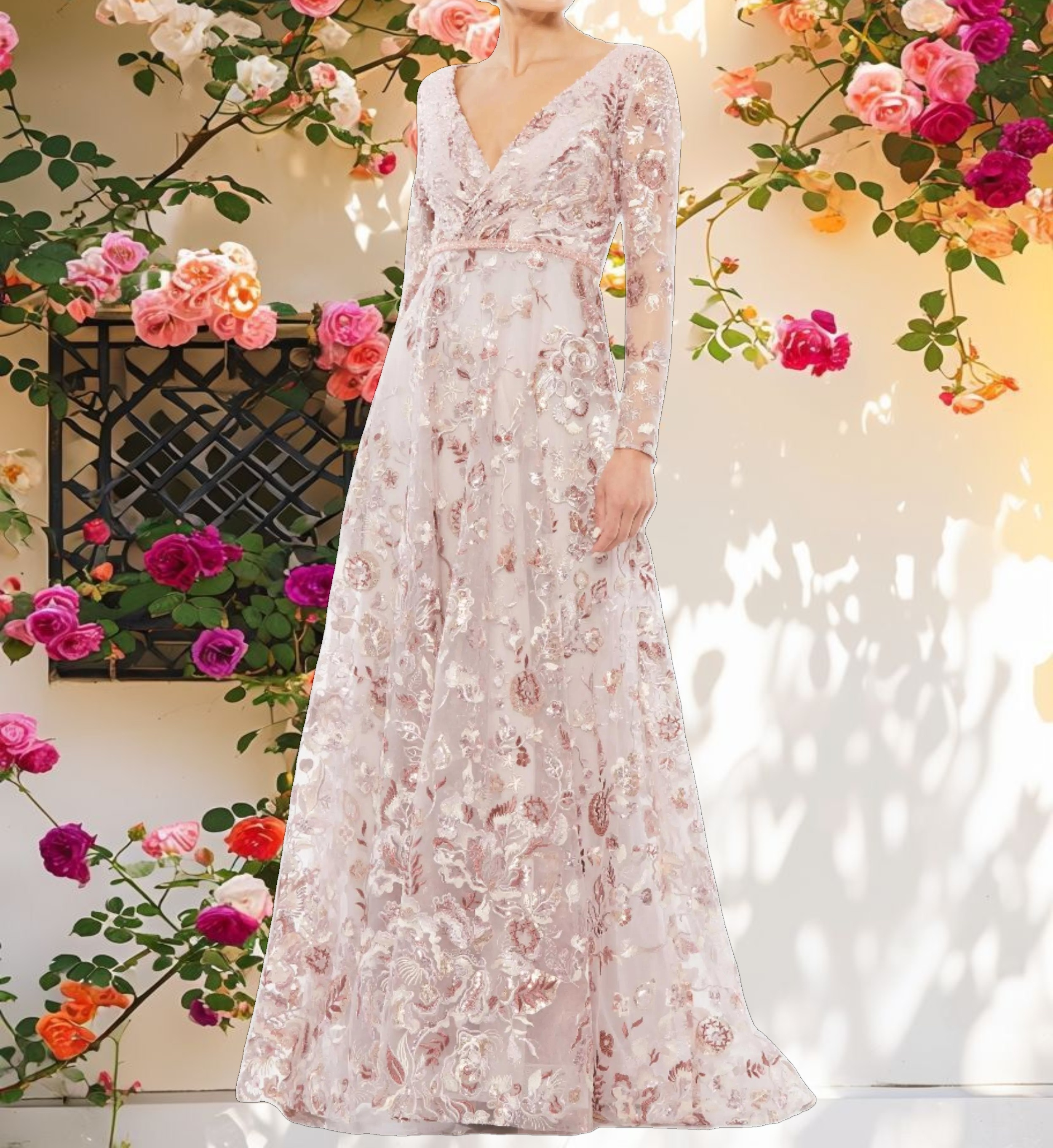 Stitched V Neck Long Sleeve A Line Dress