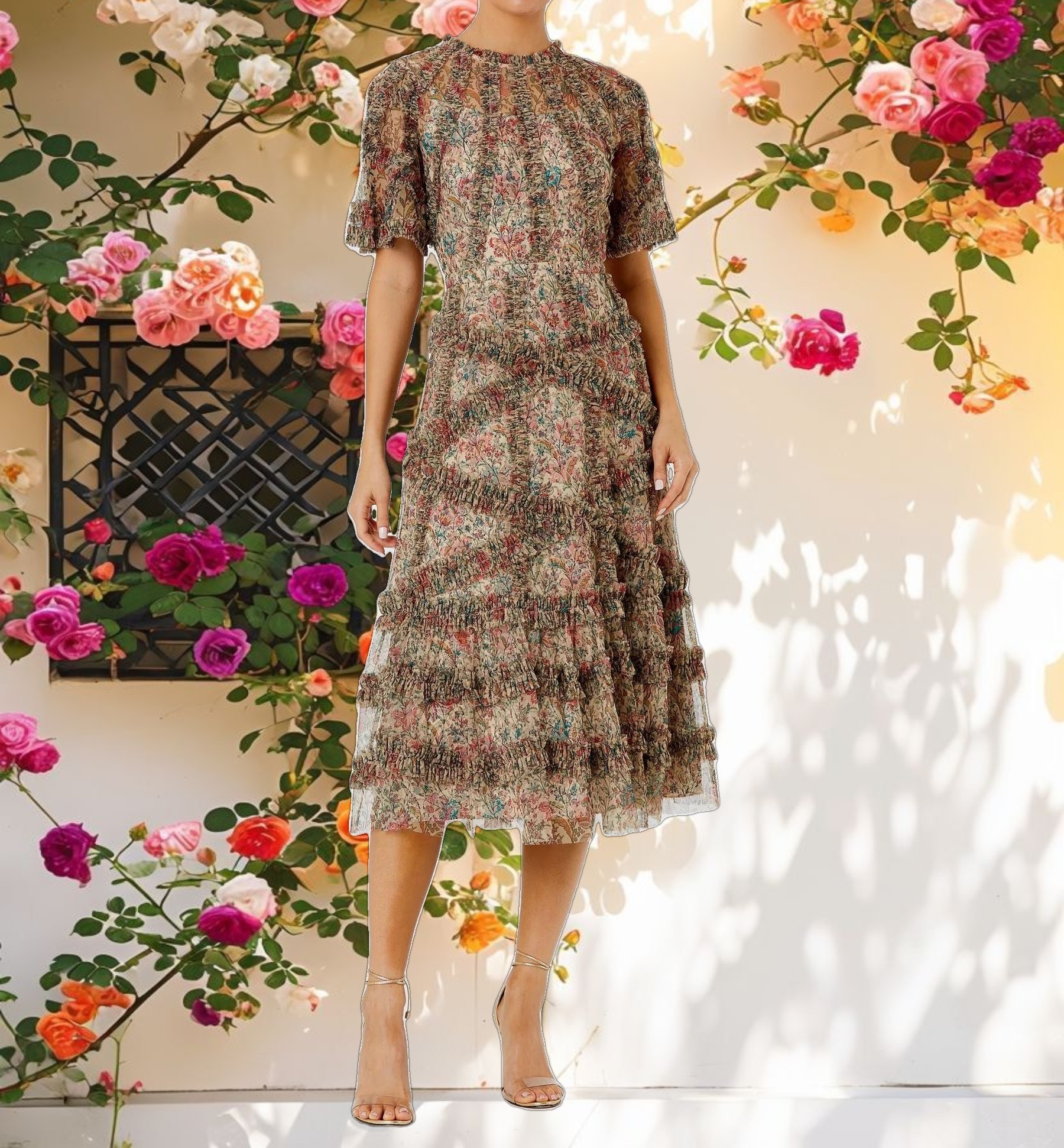 Floral Flutter Sleeve Mesh Print Dress