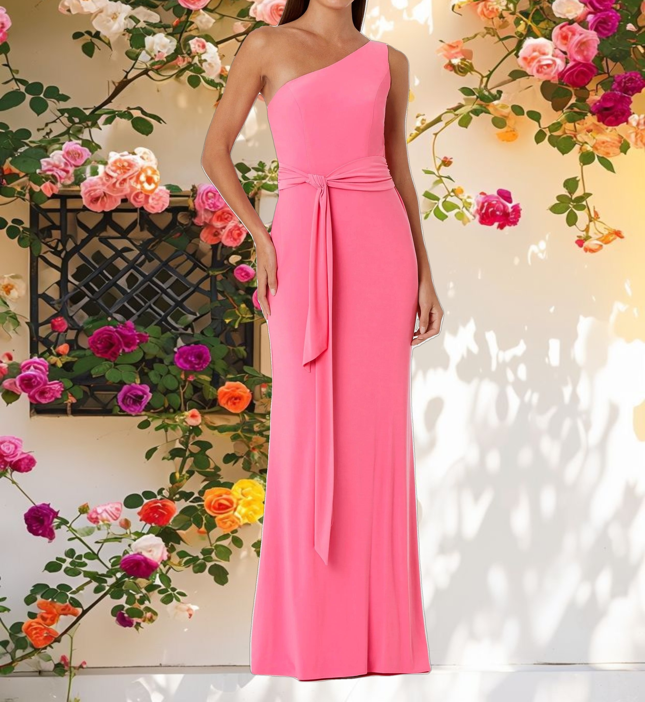 Pink Jersey One Shoulder Belted Trumpet Gown