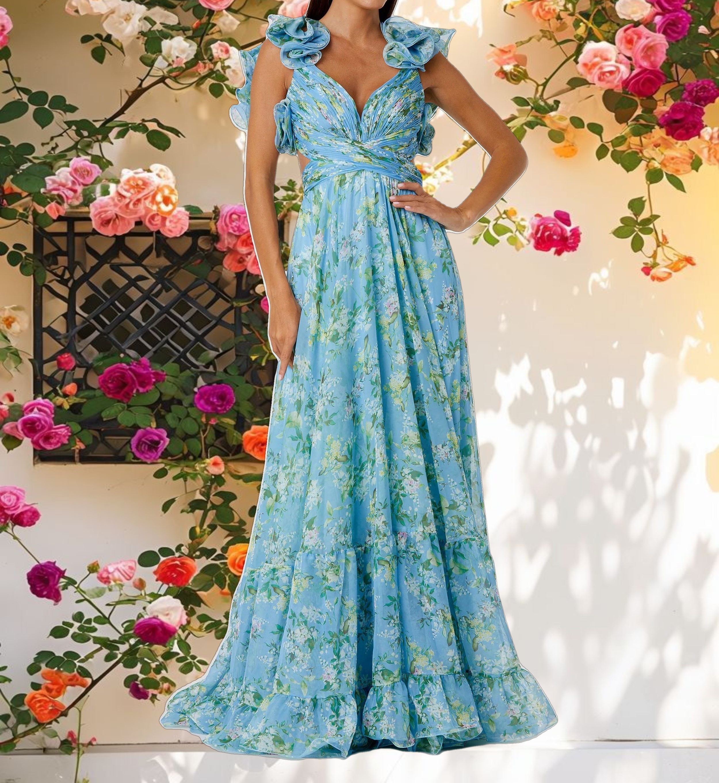 Ruffle Tiered Floral Cut Out Chiffon Gown