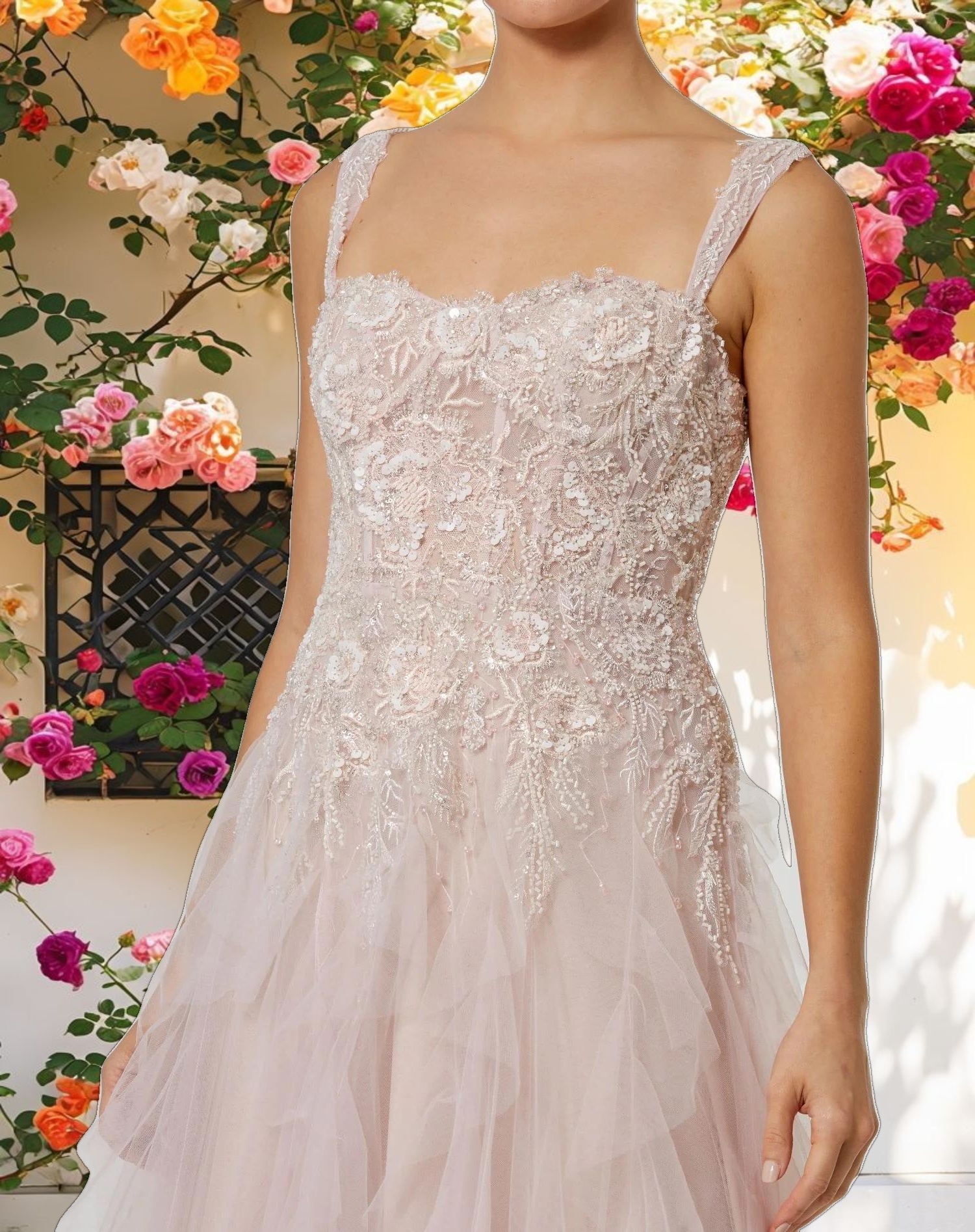 Pink Bustier Tulle Evening Dress With Ruffle Skirt