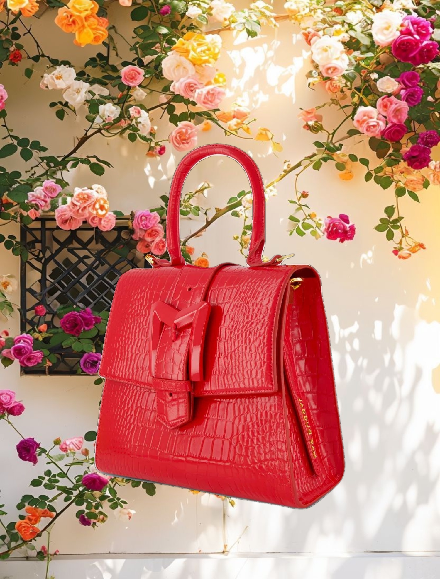 Buckled Medium Croco Leather Handbag with Detachable Strap