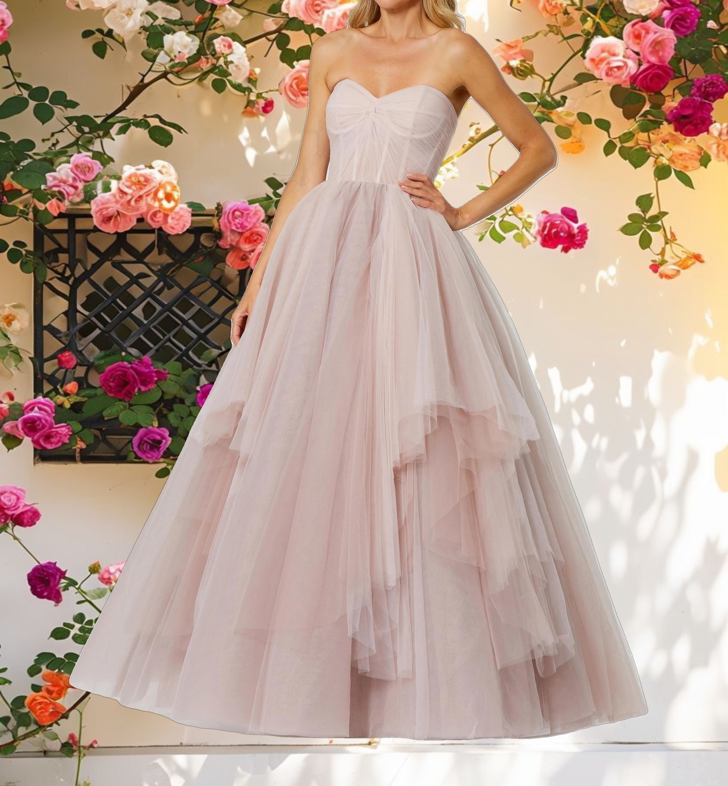 Rose Strapless Bustier Twist Top Ruffle Ballgown