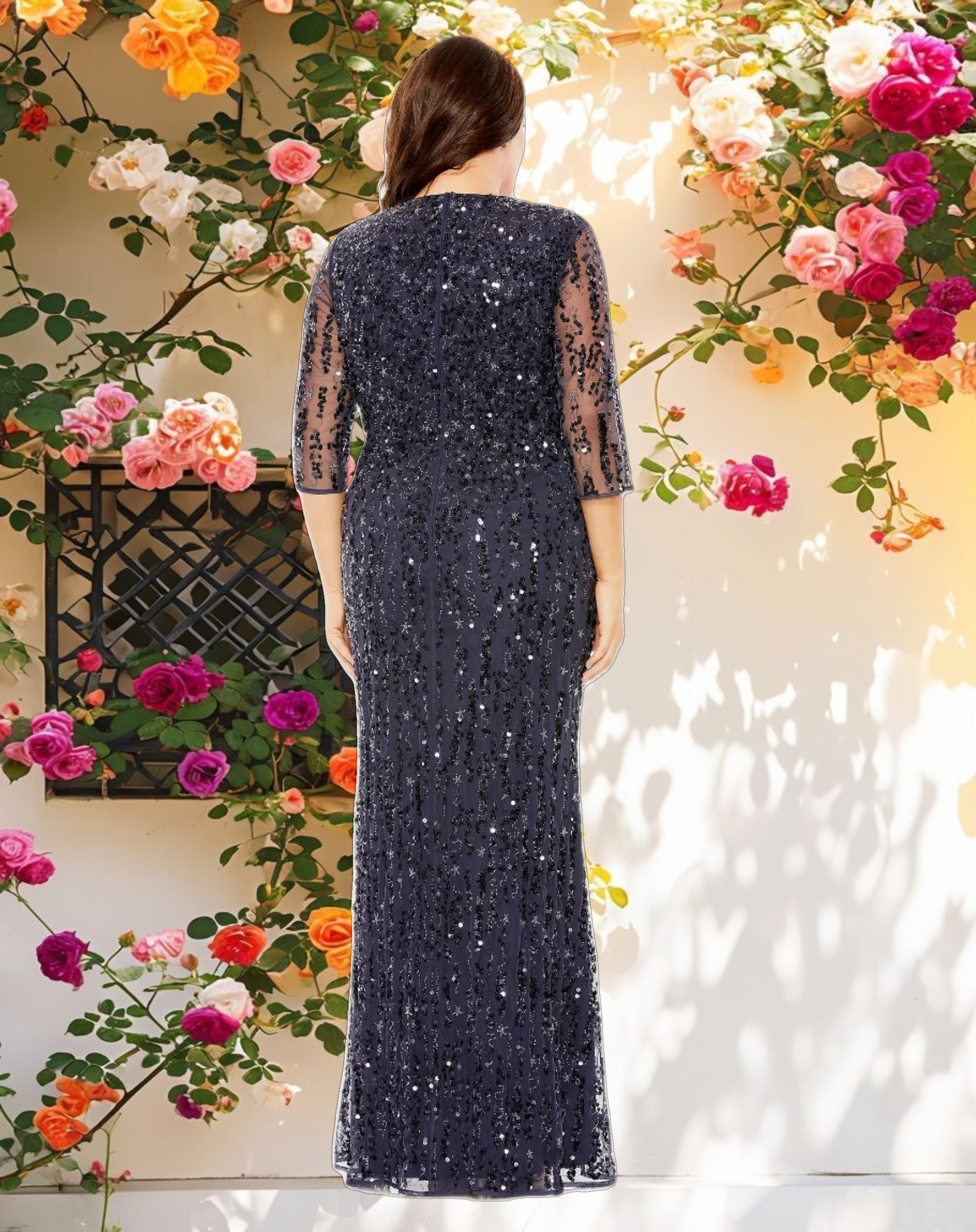 Navy Mid Length Mesh Sleeve V Neck Embellished Gown