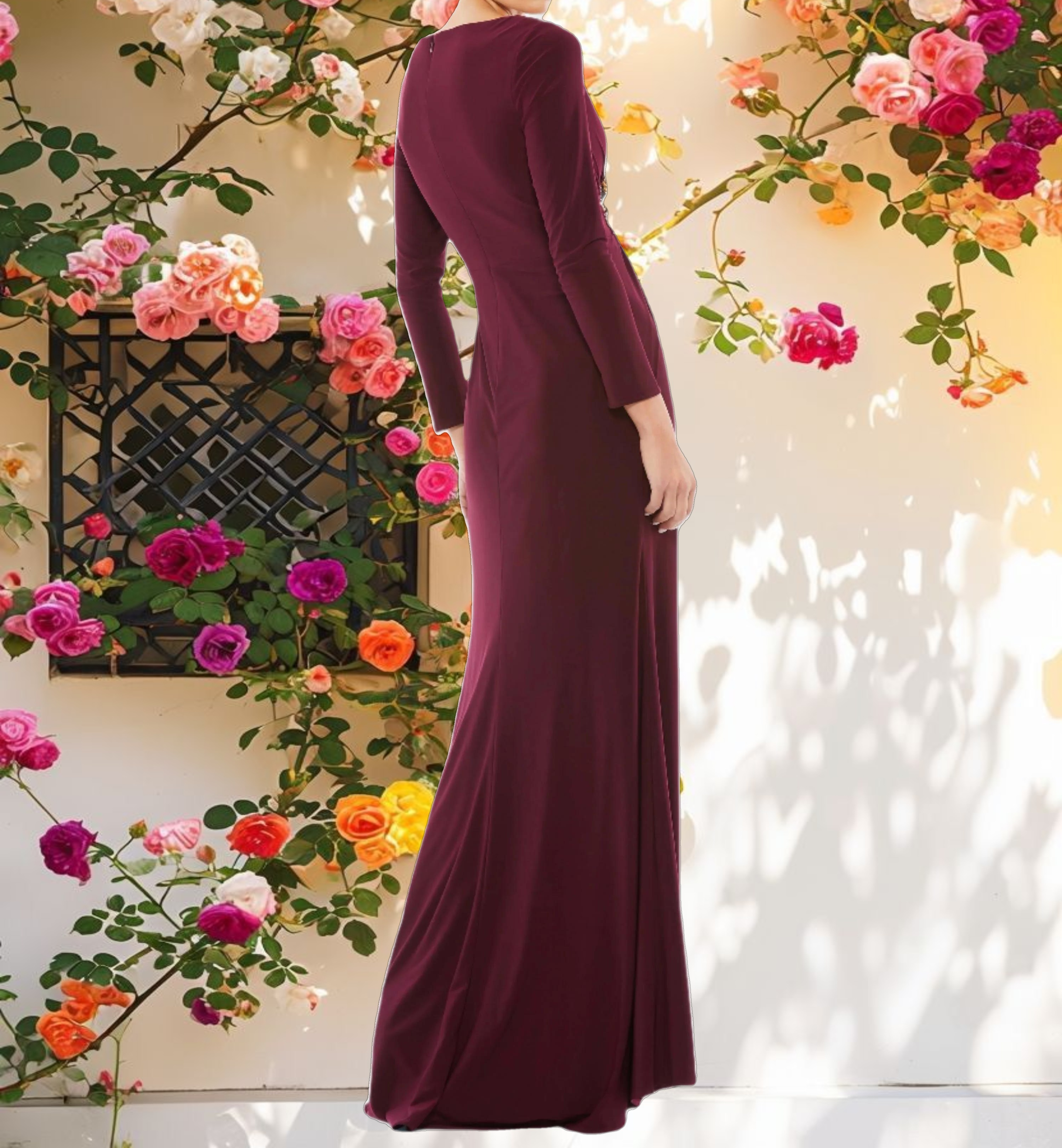 Red Faux Wrap Long Sleeve Gown w/ Appliqué Detail