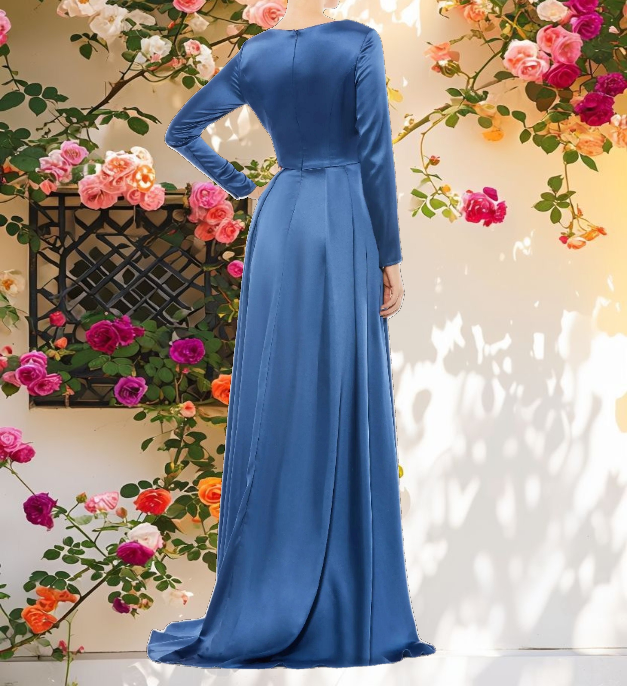 Blue Satin V Neck Long Sleeve Pleated Gown