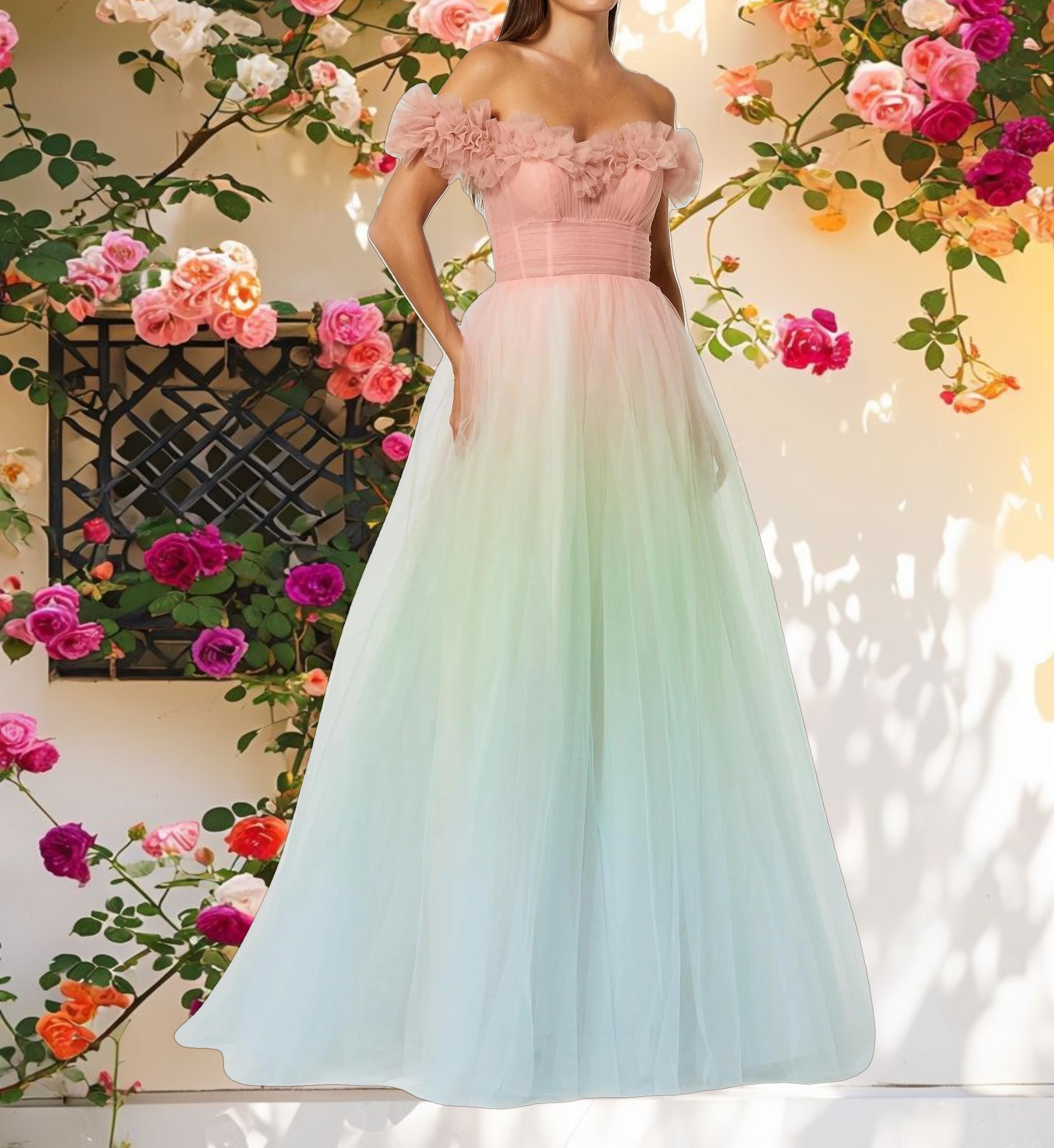 Multi-color Off The Shoulder Ombre Tulle Dress