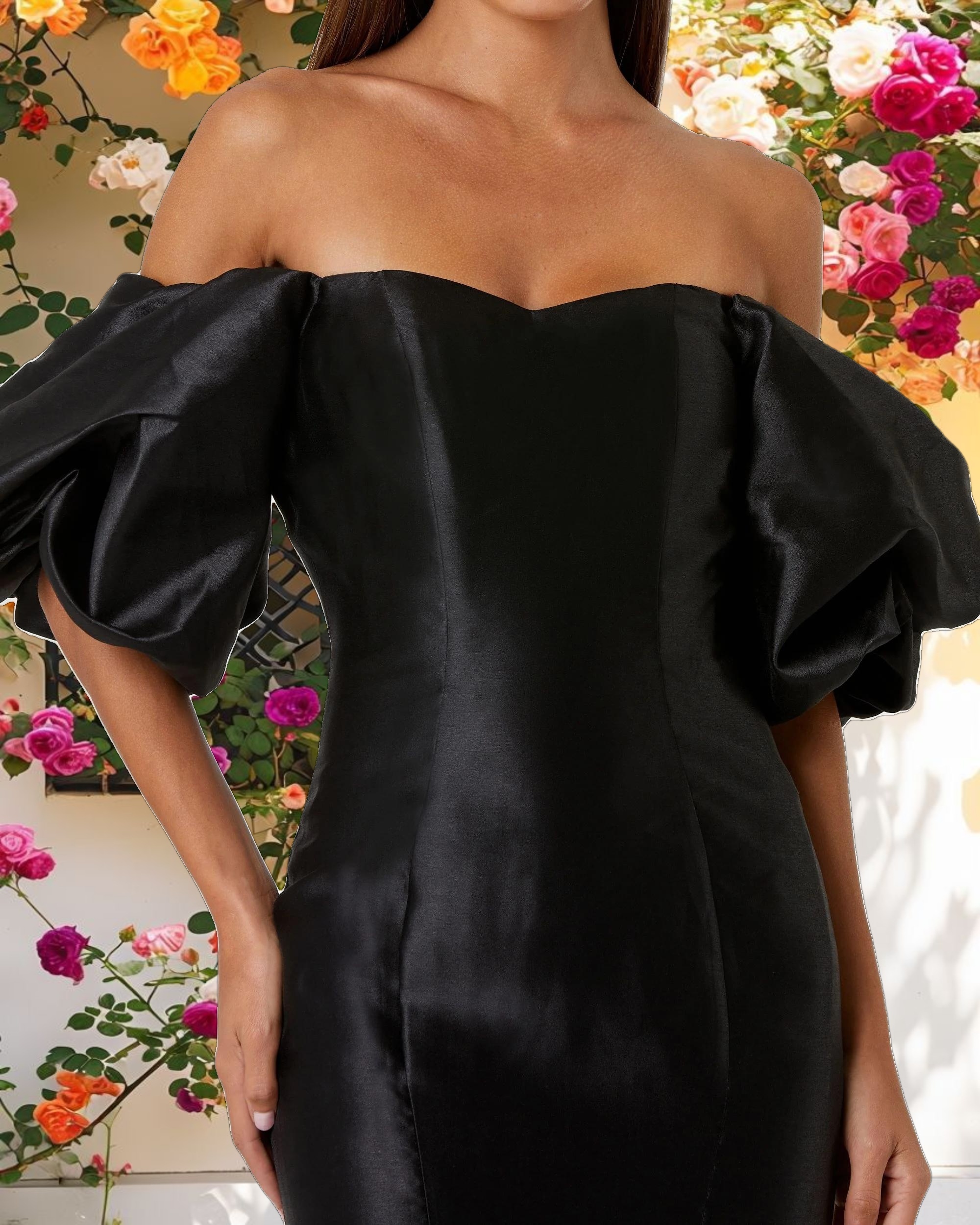 Black Sweetheart Off The Shoulder Puff Sleeve Gown