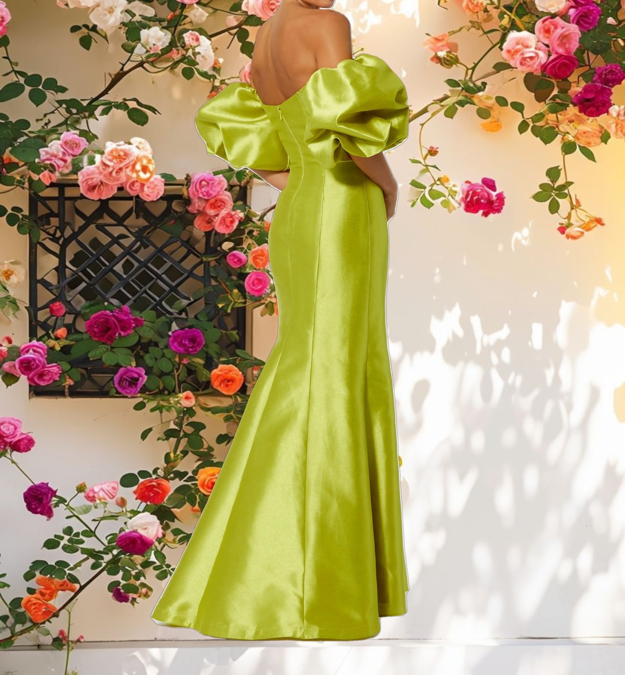 Green Sweetheart Off The Shoulder Puff Sleeve Gown
