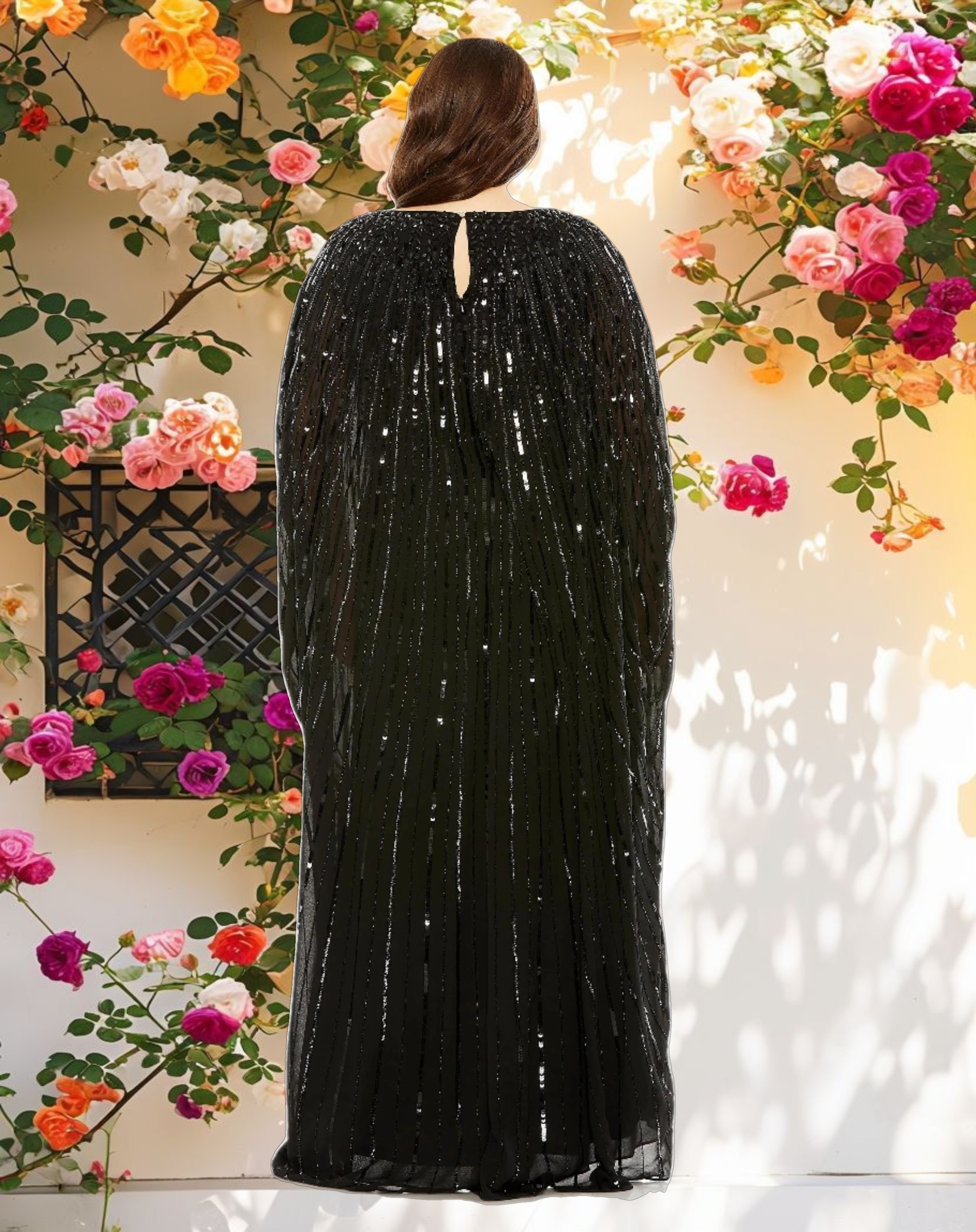 Black Embellished Column Cape Gown