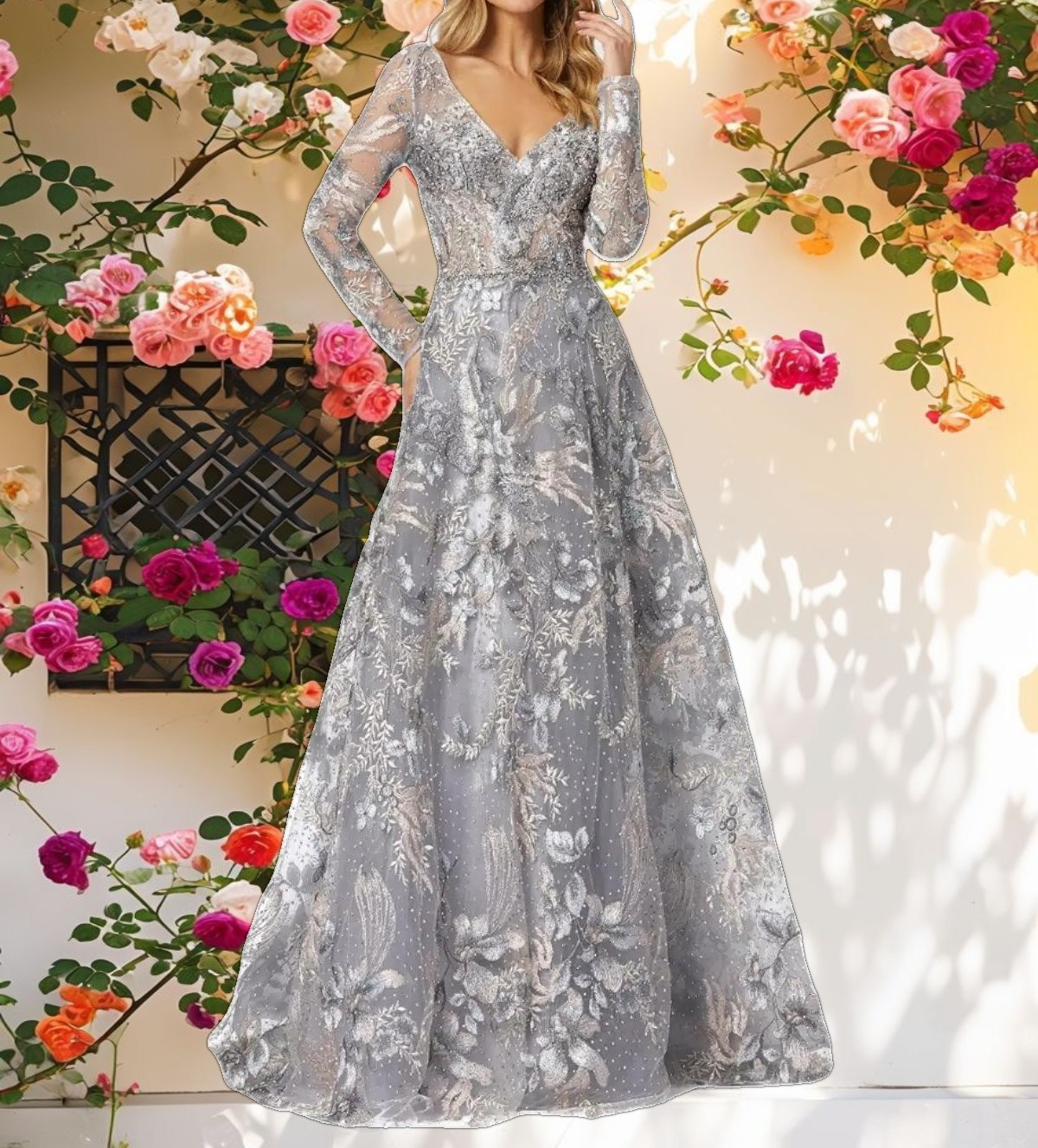 Gray Long Sleeve Beaded Applique Gown