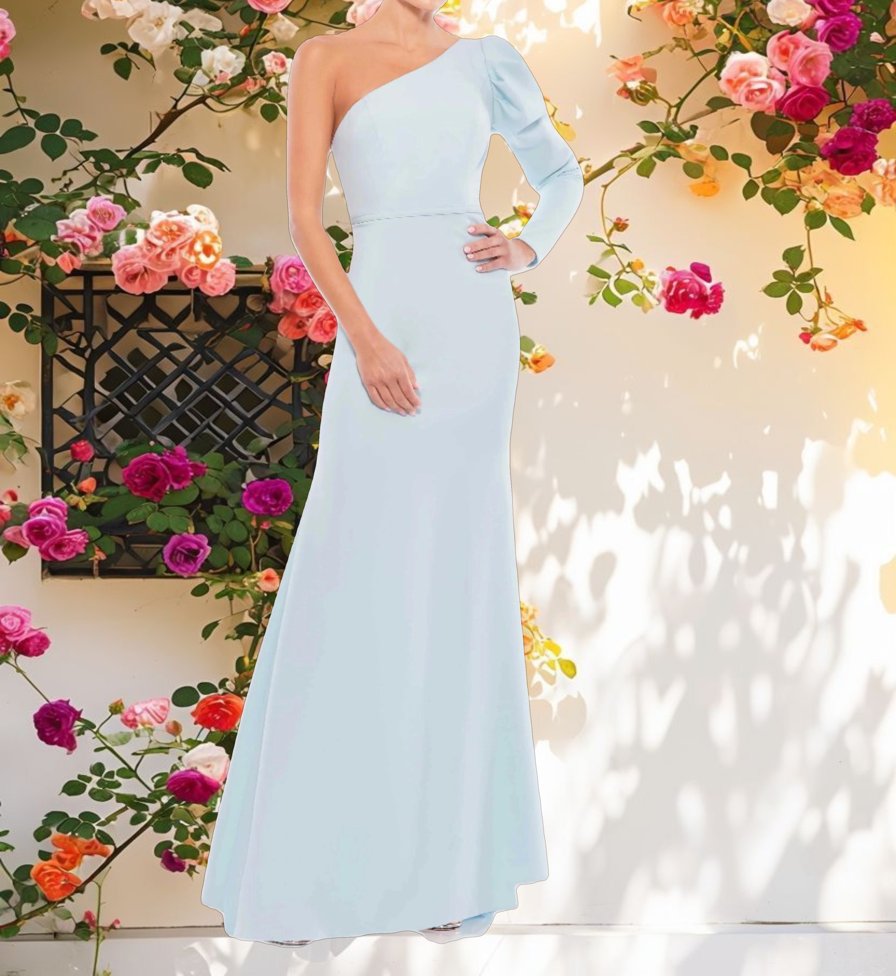 Blue One Shoulder Puff Sleeve Gown