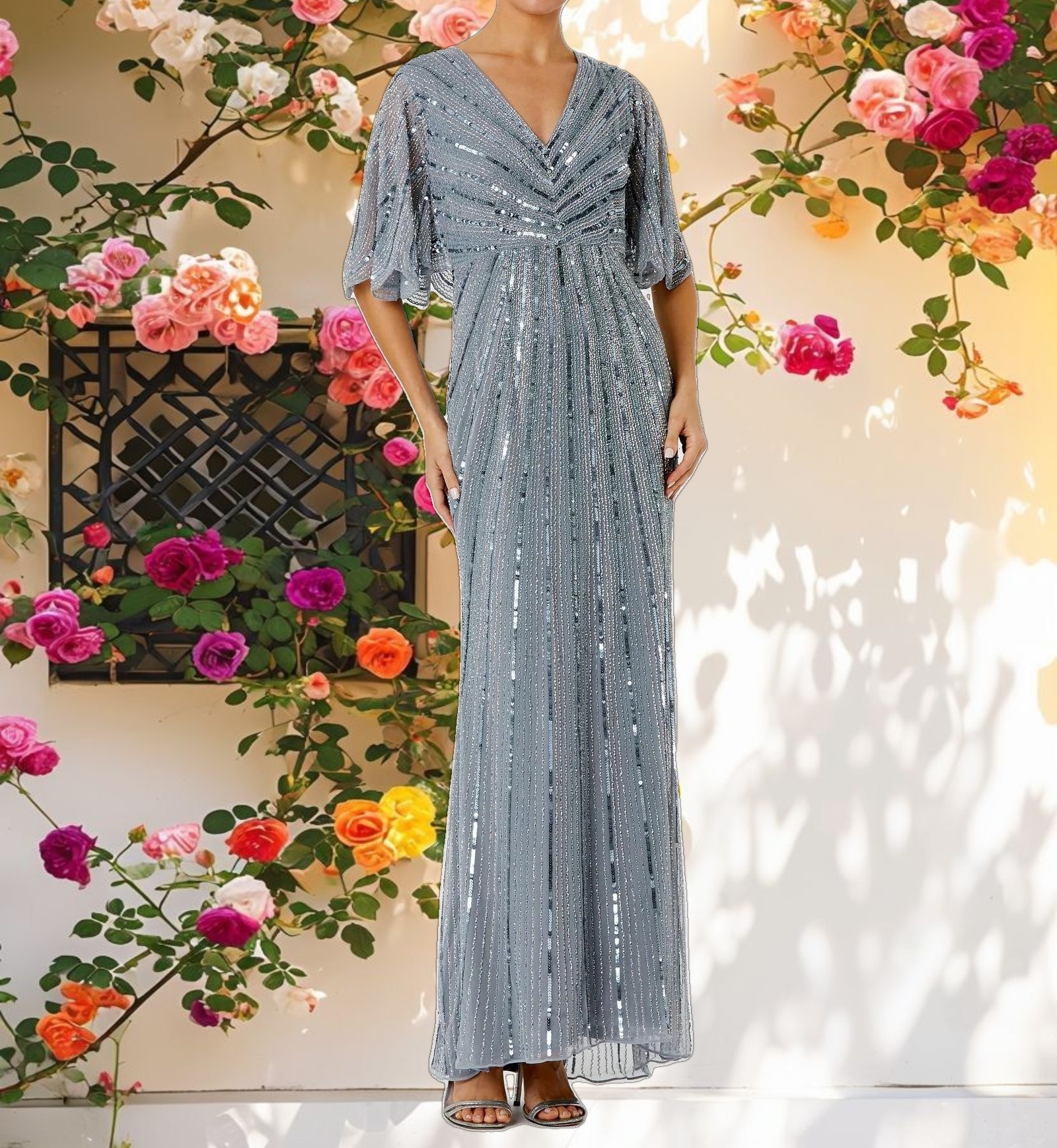 Blue Sequined V Neck Cape Sleeve Gown