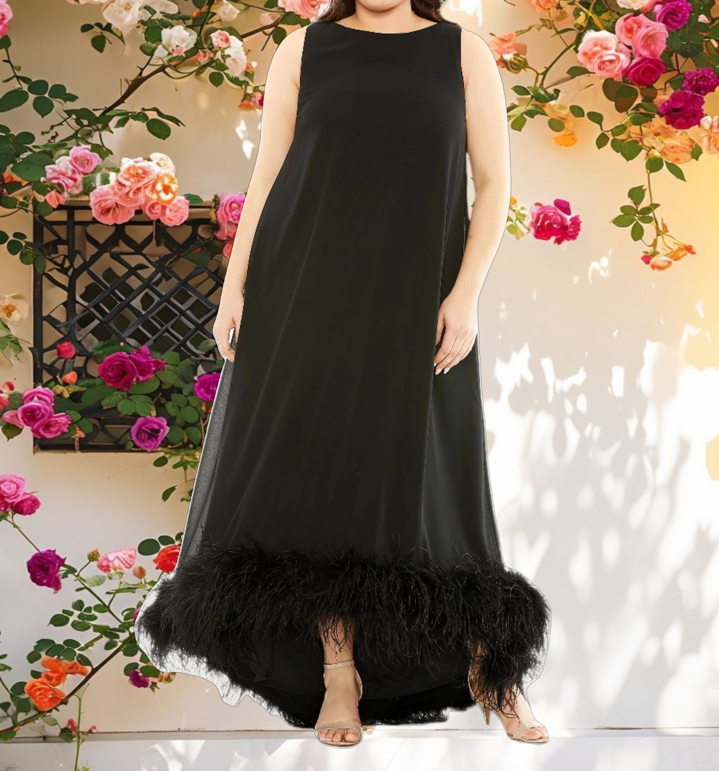 Black High Neck Feather Hem Gown