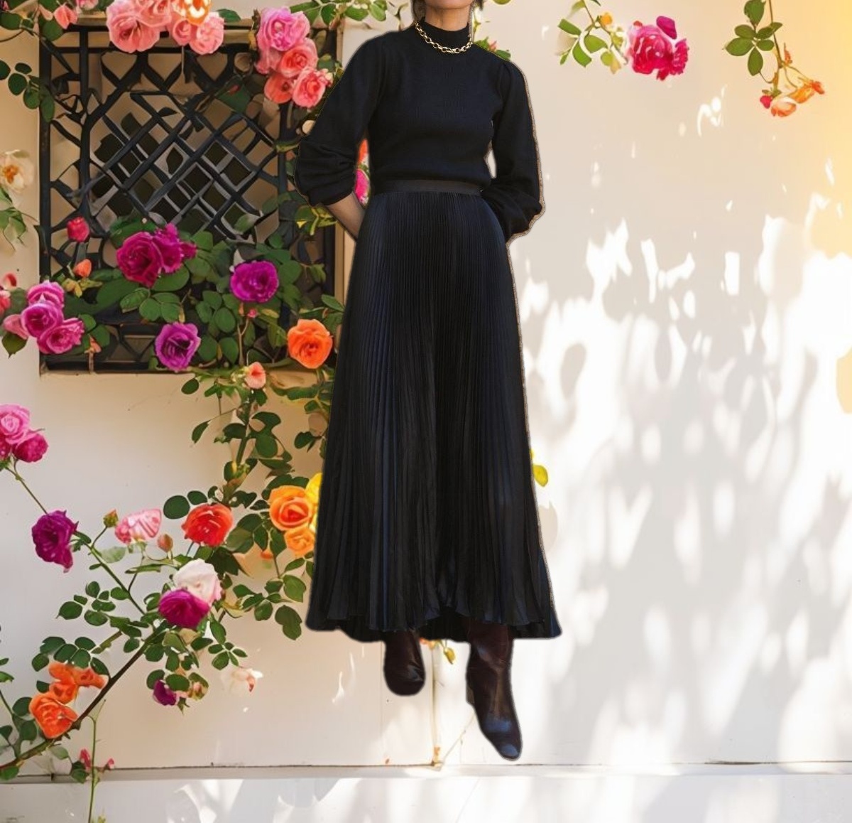 Black Ankle Length Satin Pleated Skirt