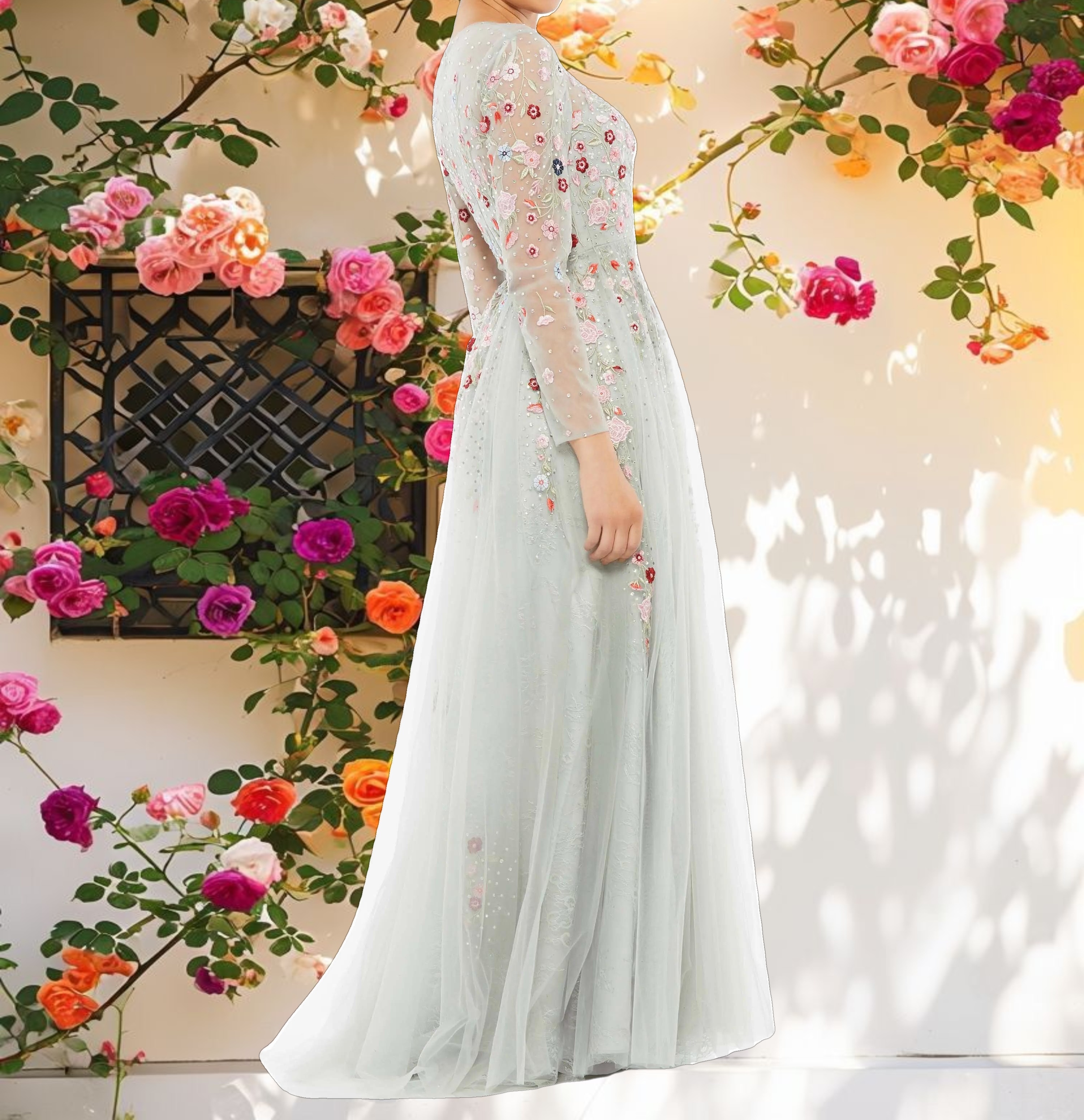 Gray Embroidered Illusion High Neck Long Sleeve A Line Gown