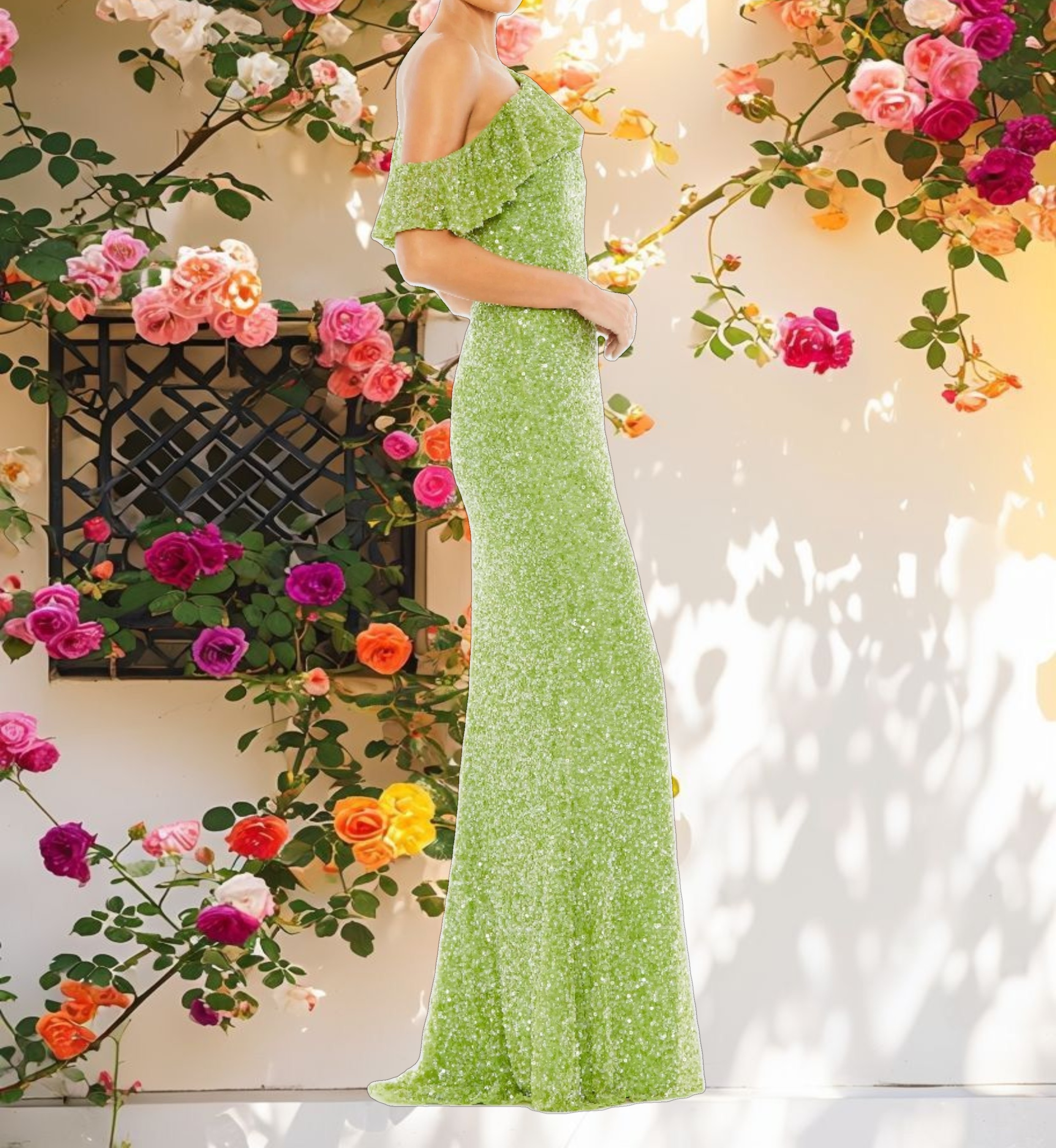 Green Sequined Drop Shoulder Trumpet Gown