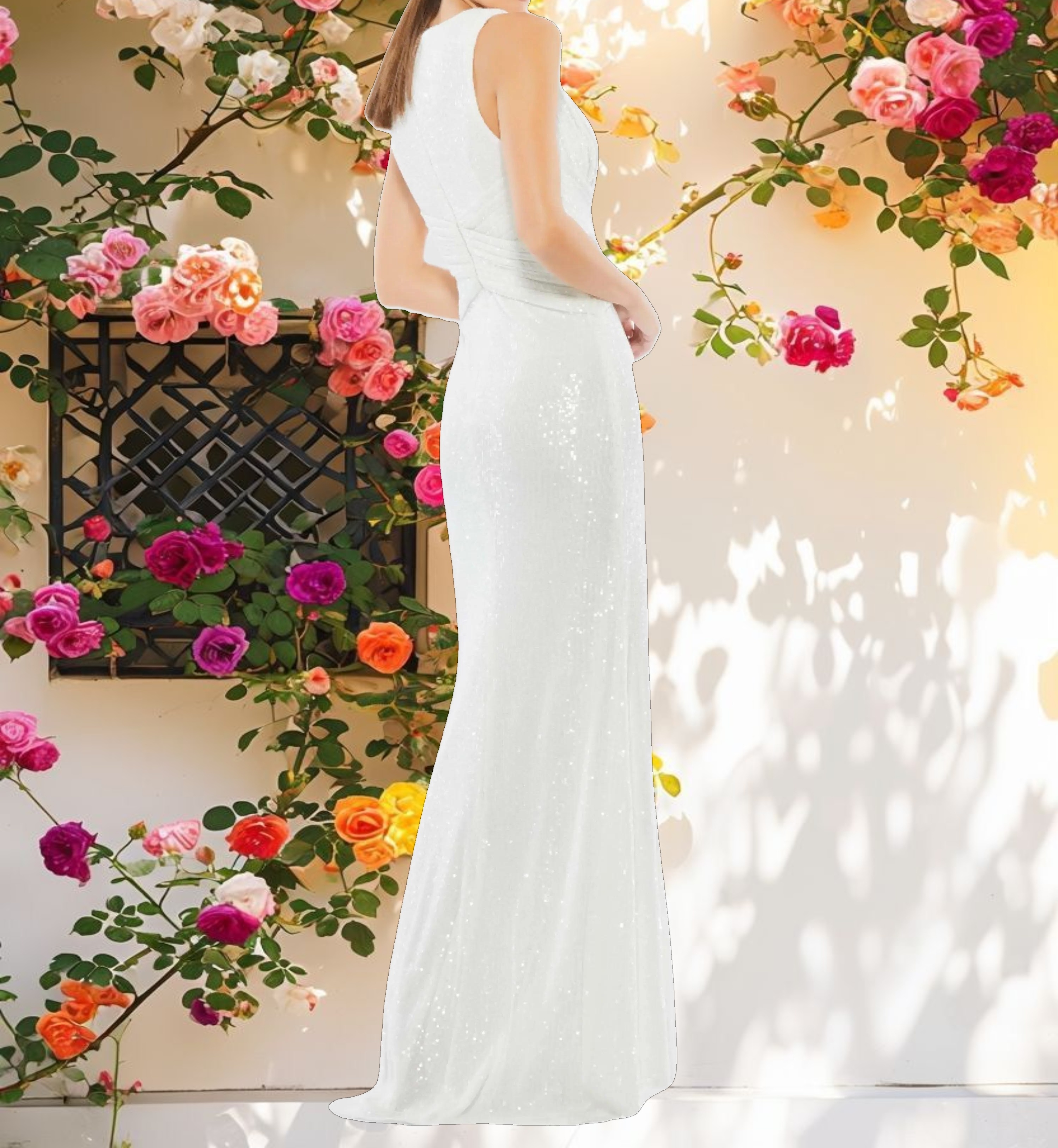 White V Neck Sequin Wrap Waist Gown