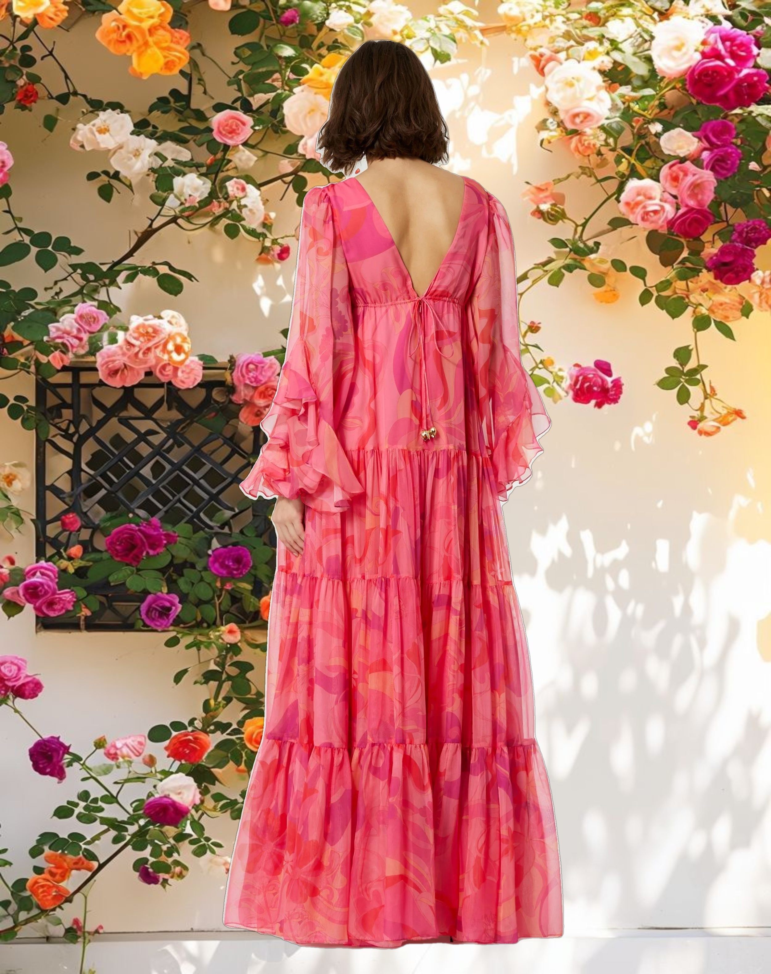 Hibiscus Printed Chiffon Ruffle Long Sleeve V Neck Maxi Dress