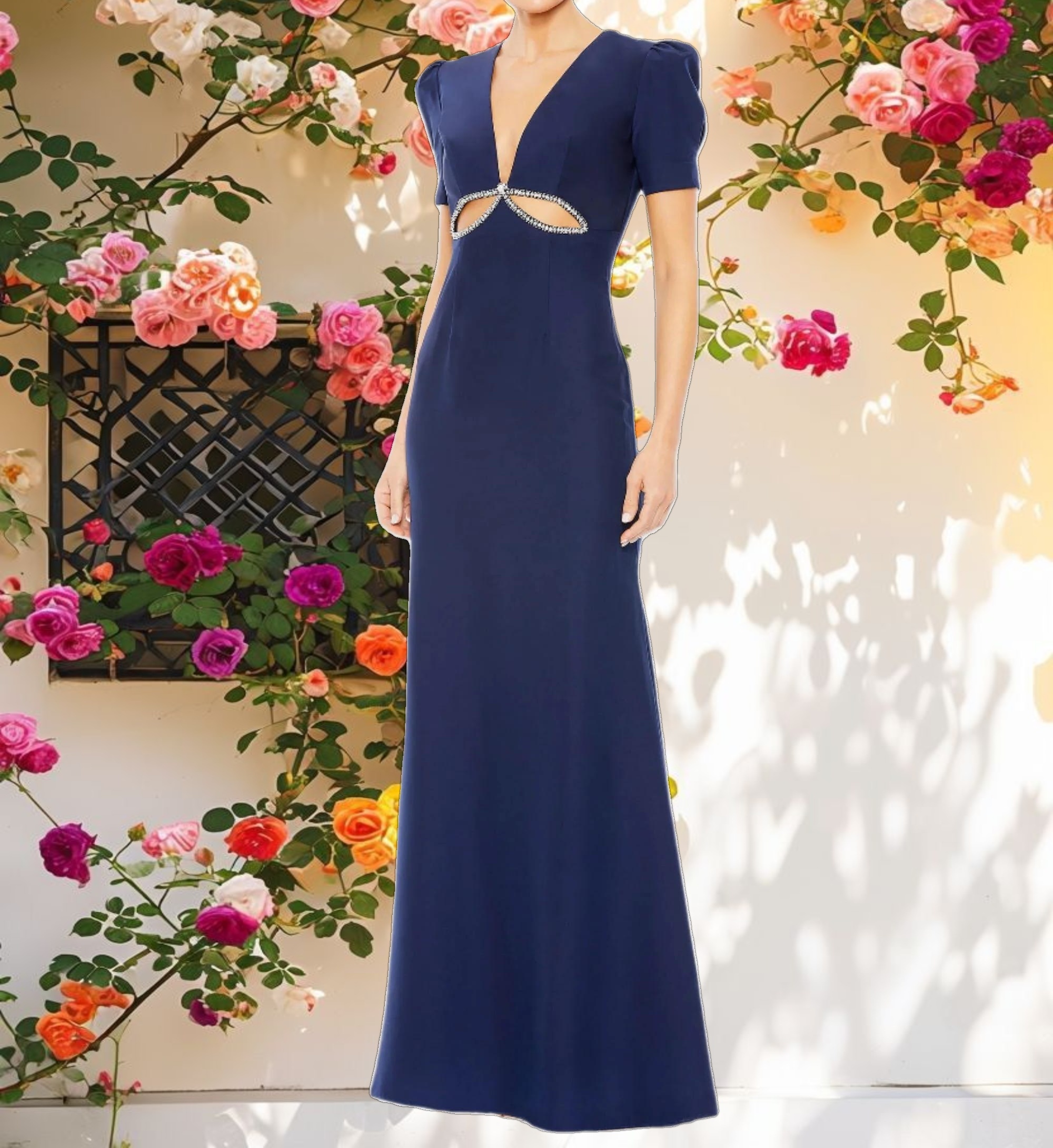 Plunge Neck Puff Sleeve Cut Out Gown