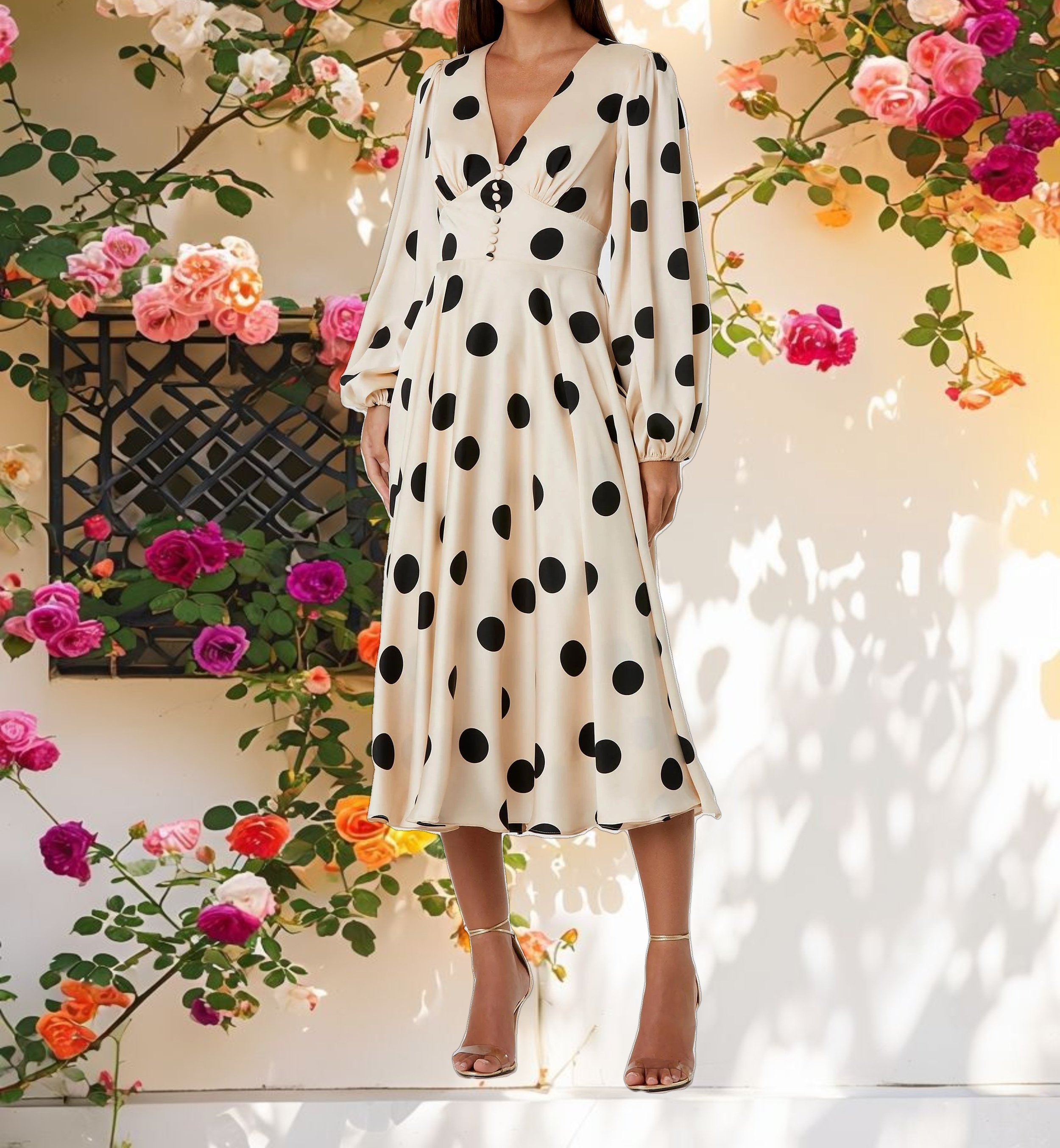 Cream Black Polka Dot Charmeuse Long Sleeve V Neck Midi Dress