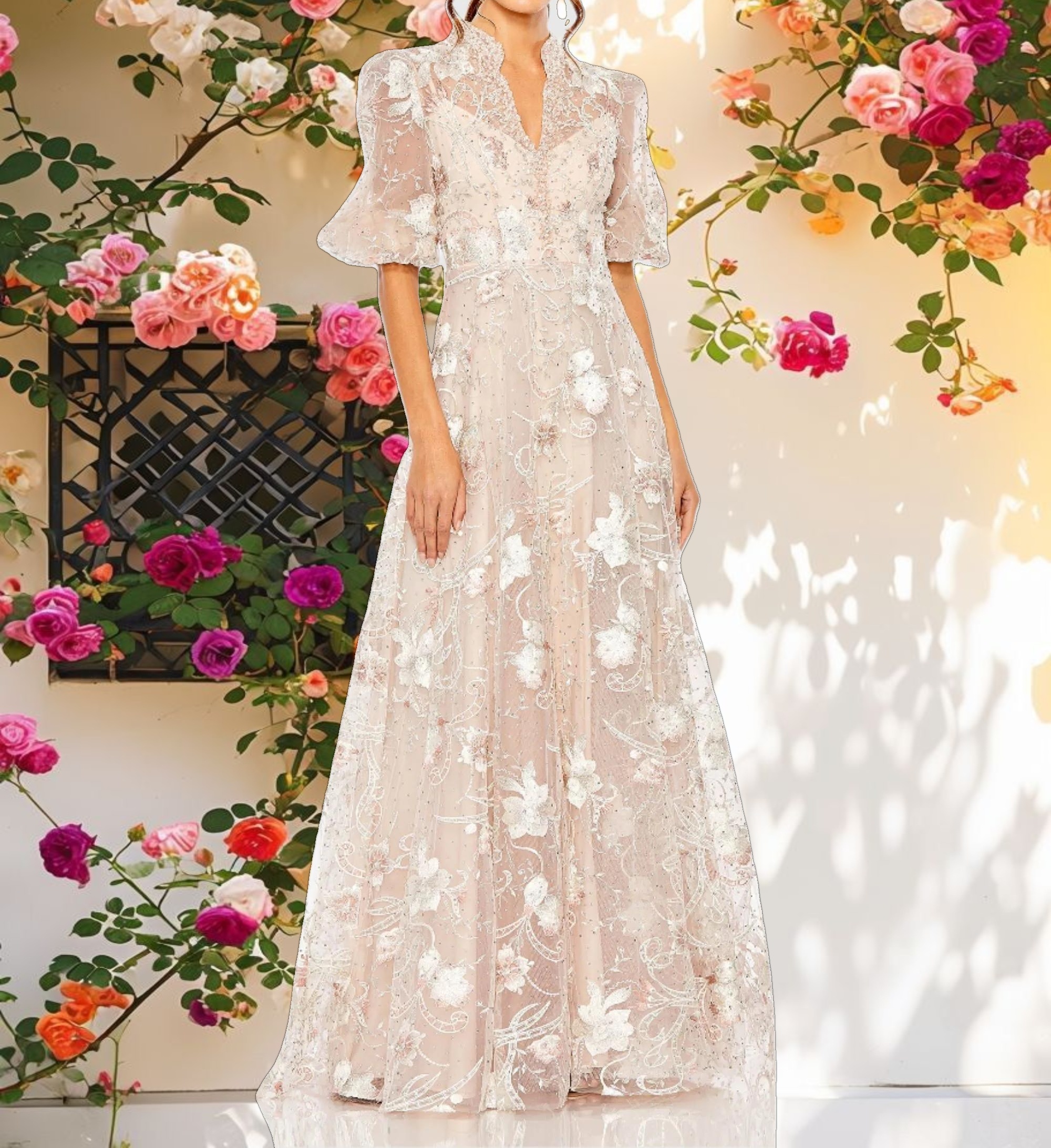 Pink Queen Anne Puff Sleeve A Line Evening Gown