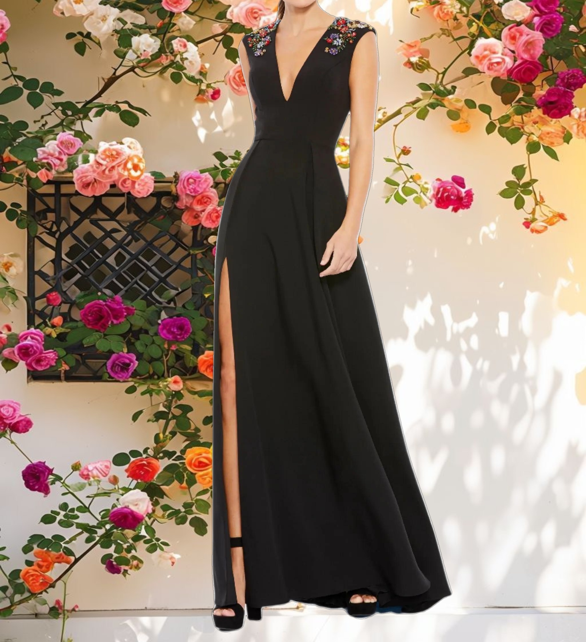 Beaded Cap Sleeve V Neck A Line Gown