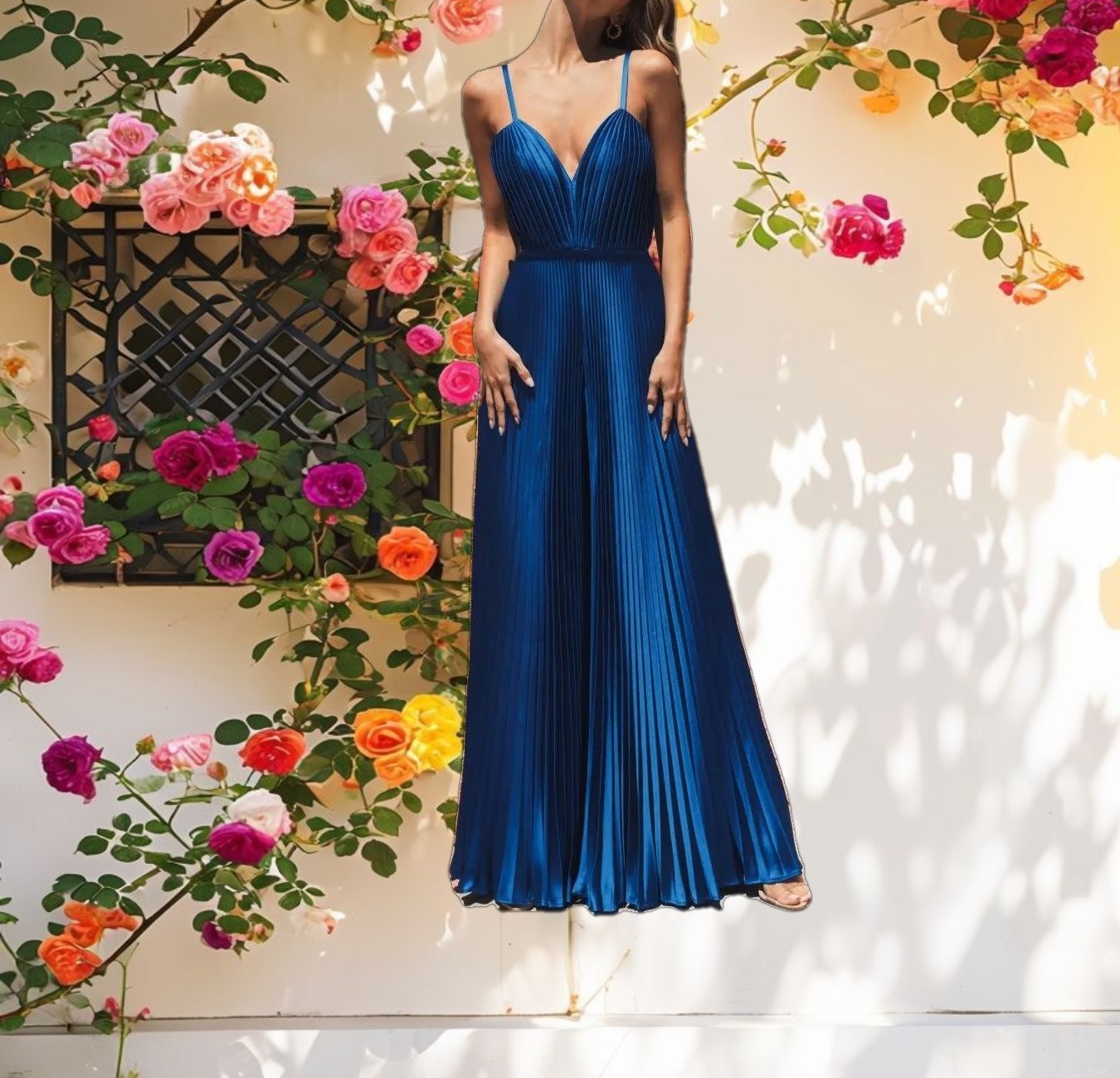 Dark Blue Pleated Plunge Neck Wide Leg Jumpsuit