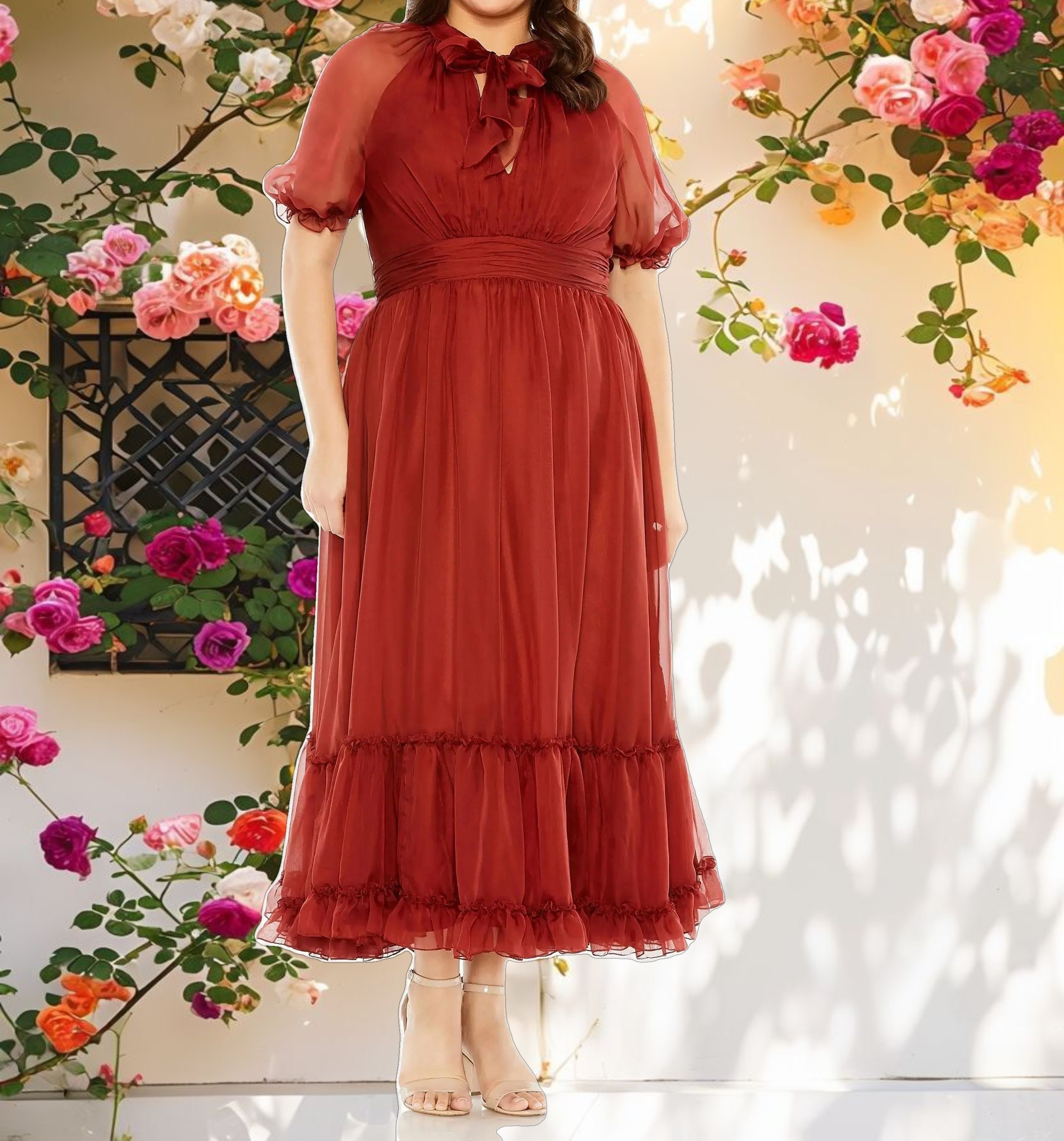 Red Sheer Puff Sleeve Dress