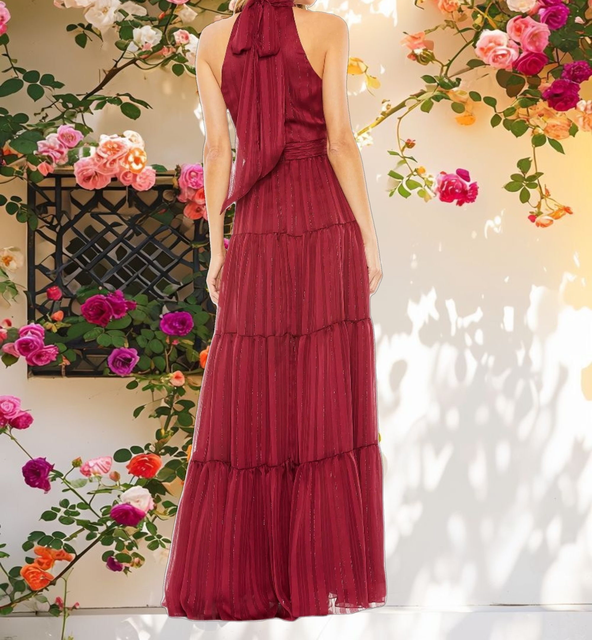 Red Tie Halter Neck Tiered Gown