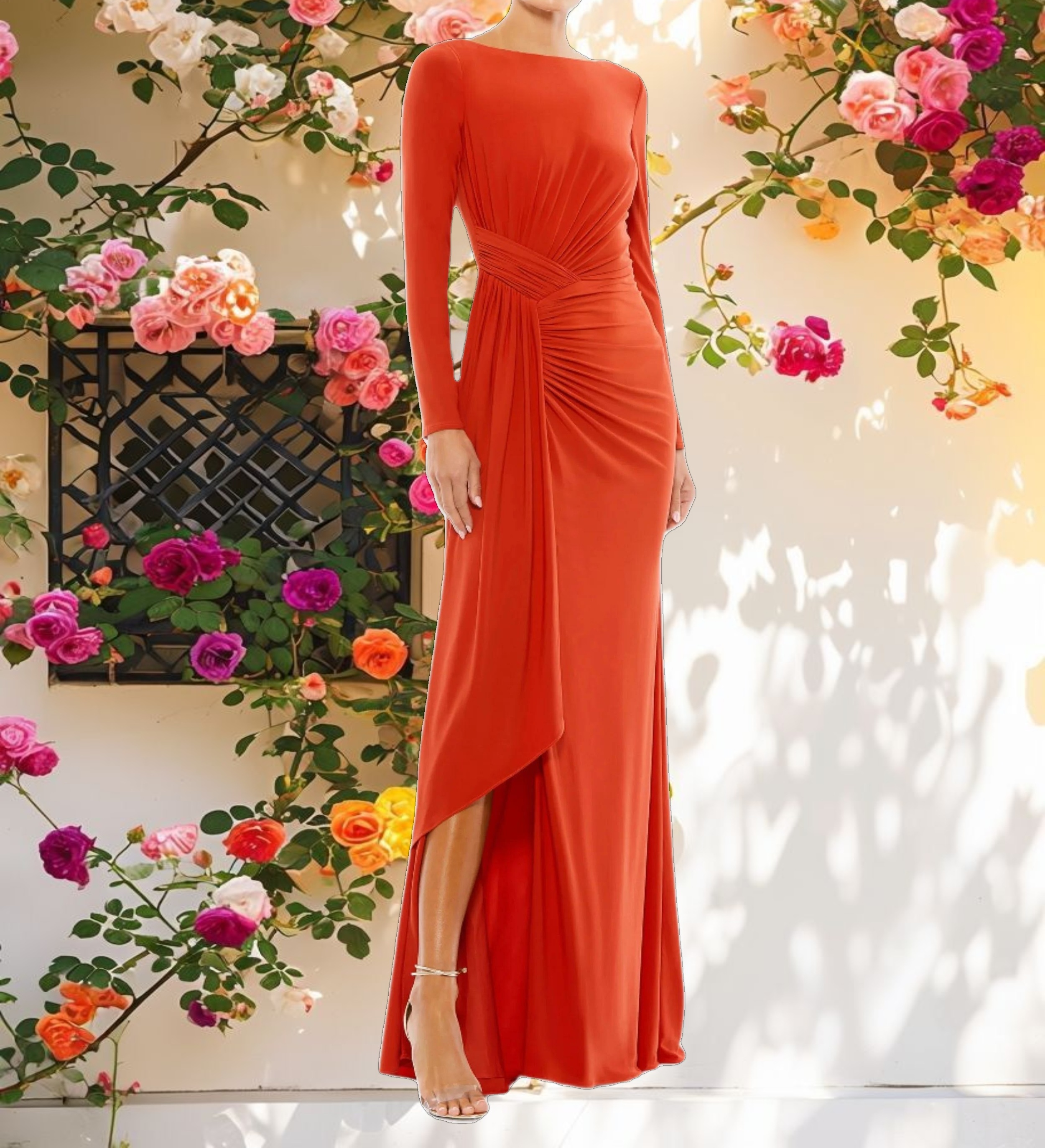Orange Ruched Long Sleeve Cowl Neck Gown