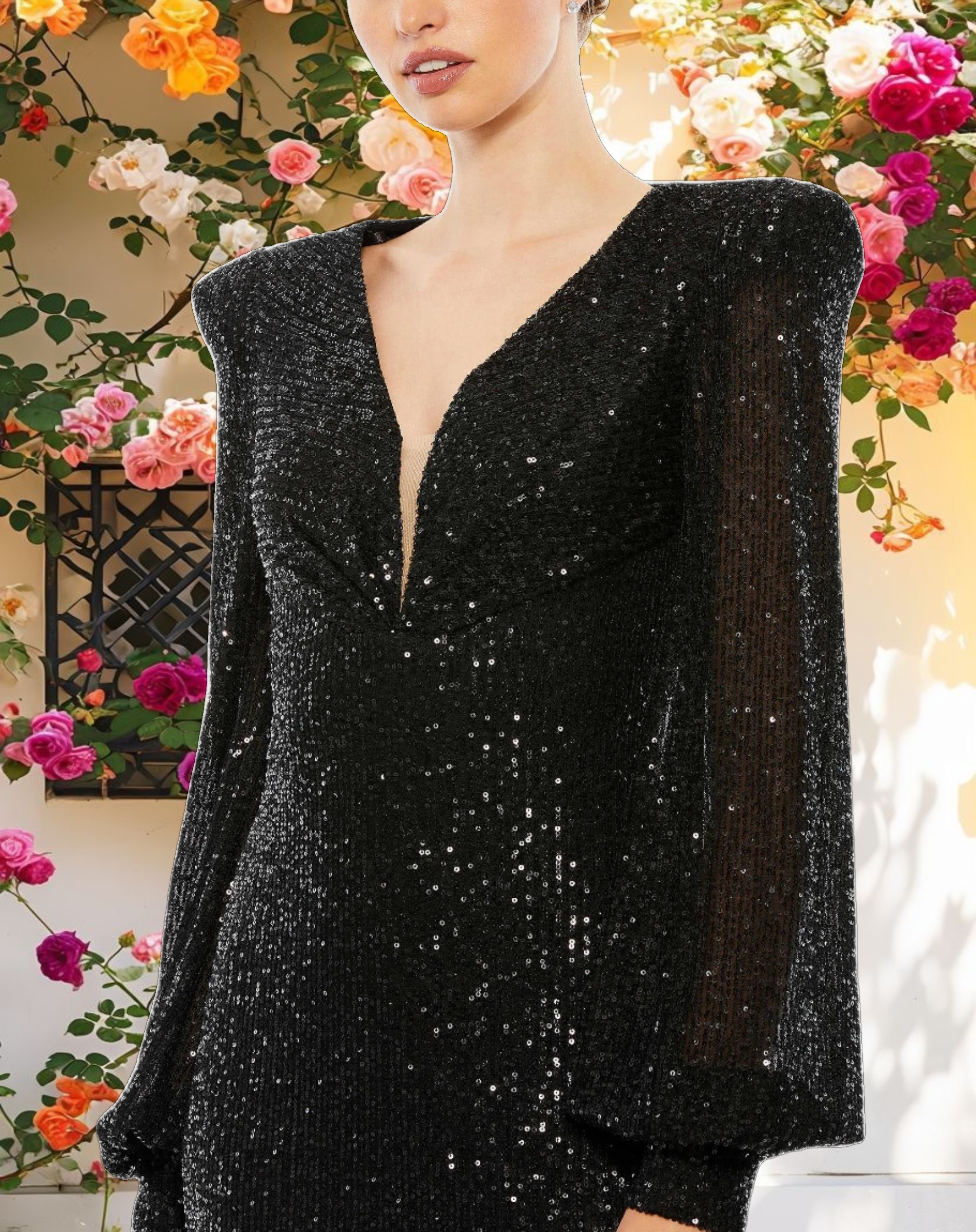 Black Sequined Plunge Neck Structured Bishop Sleeve Gown