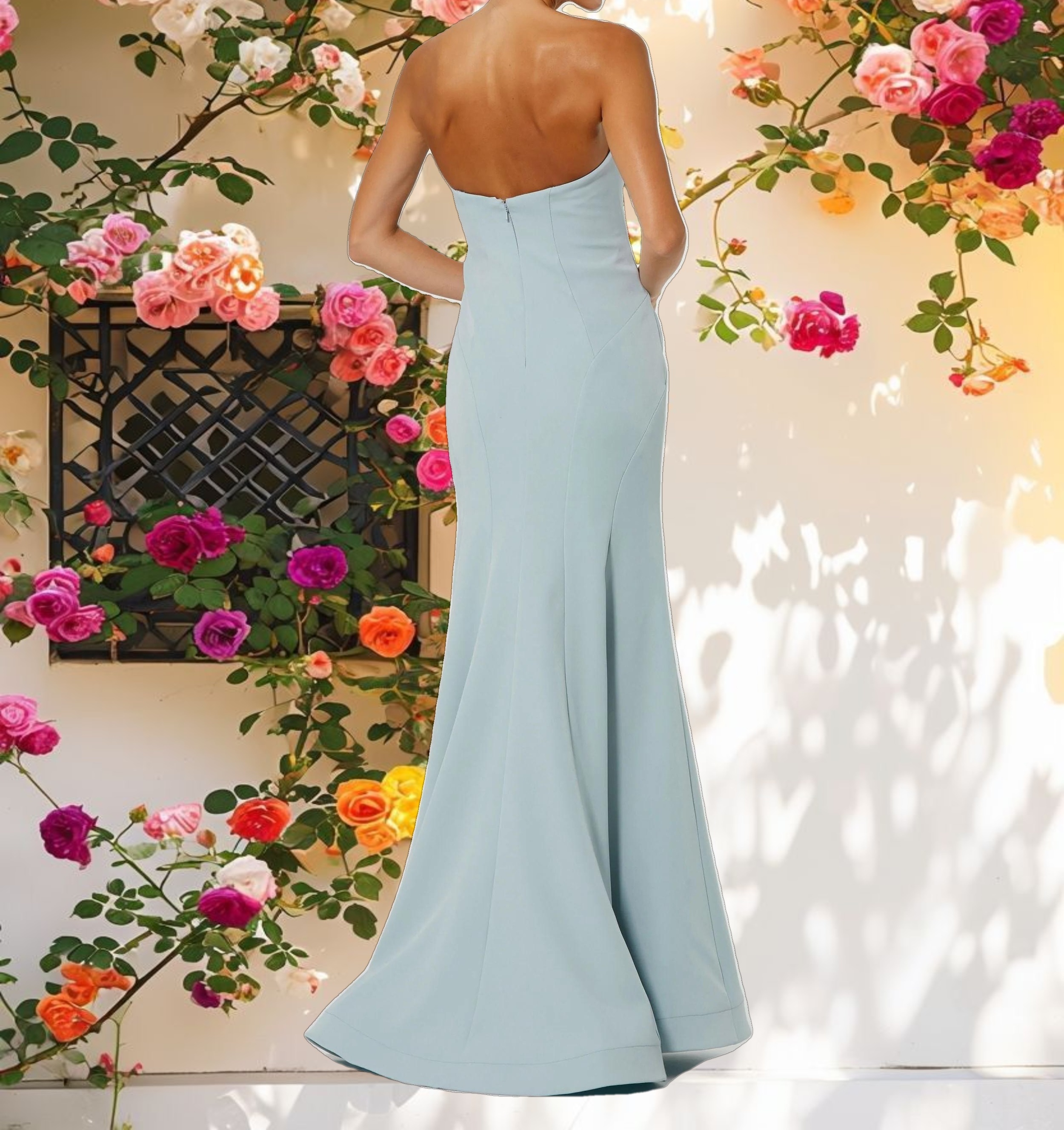 Blue Crepe Strapless Gown With 3D Rhinestone Flower