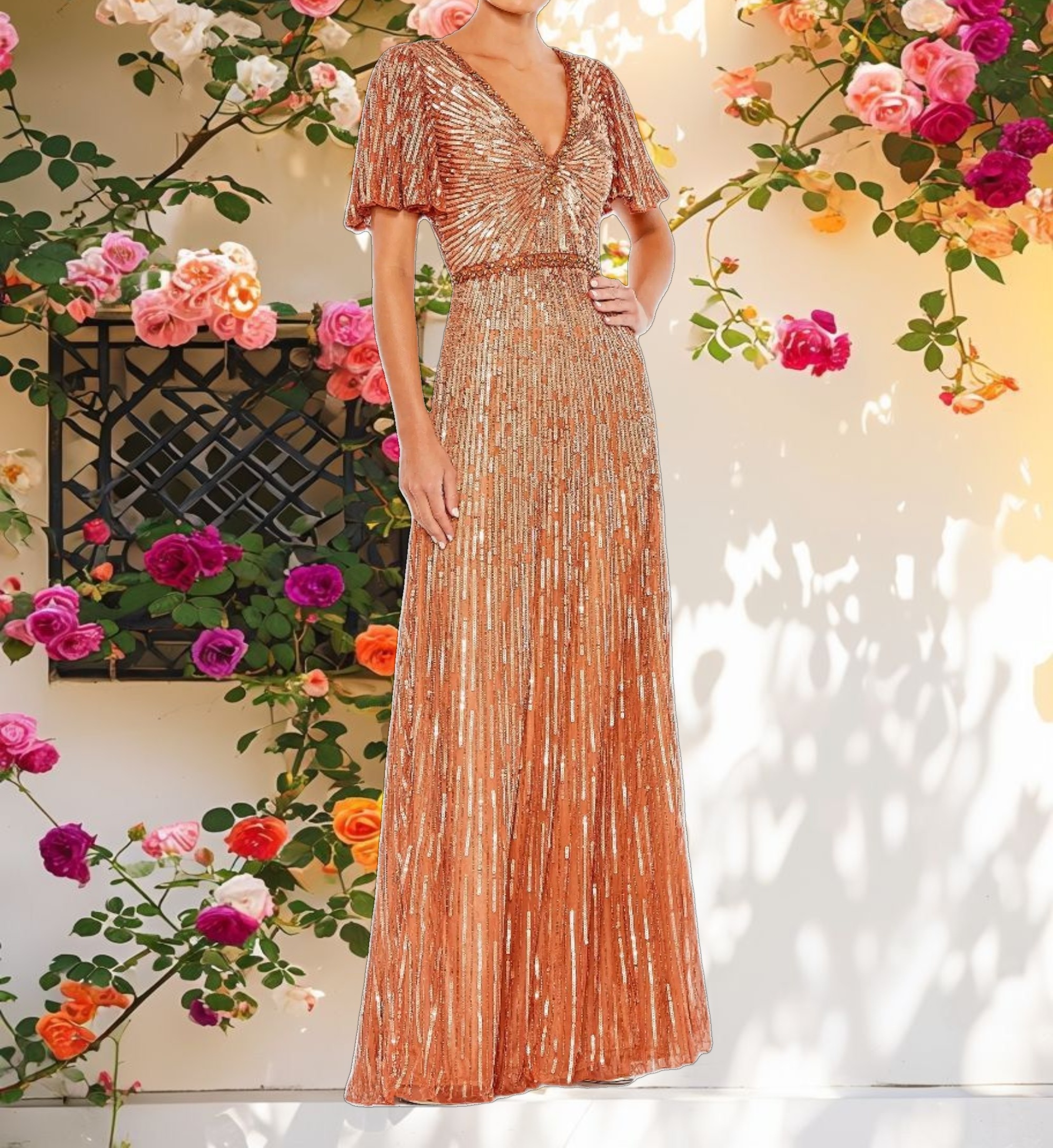 Embellished V Neck Butterfly Sleeve Column Gown