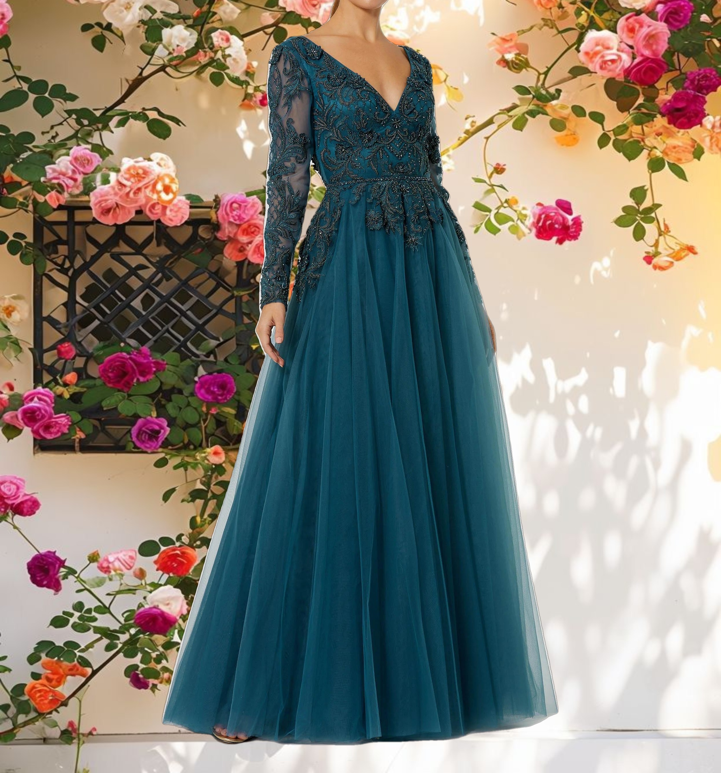 Embroidered Floral Embellished Tulle Gown