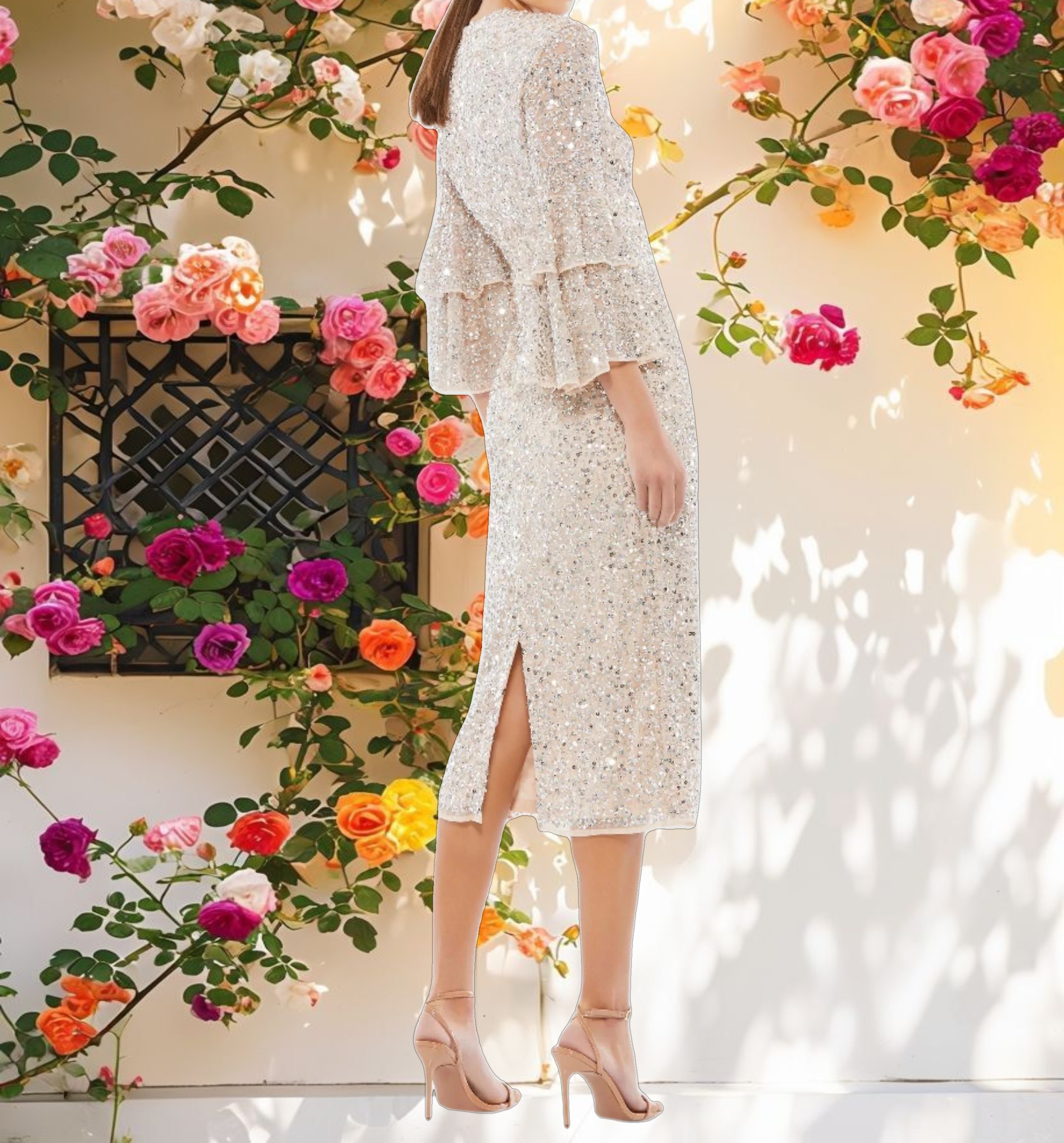 White and Metal Fully Sequined Ruffle Tiered 3/4 Sleeve Midi Dress