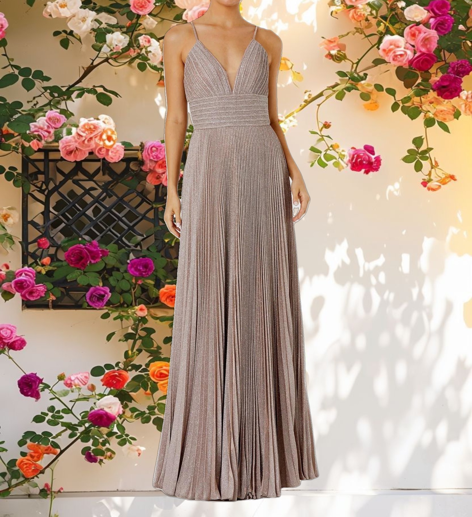 Pink Shimmer Pleated V-Neck Gown