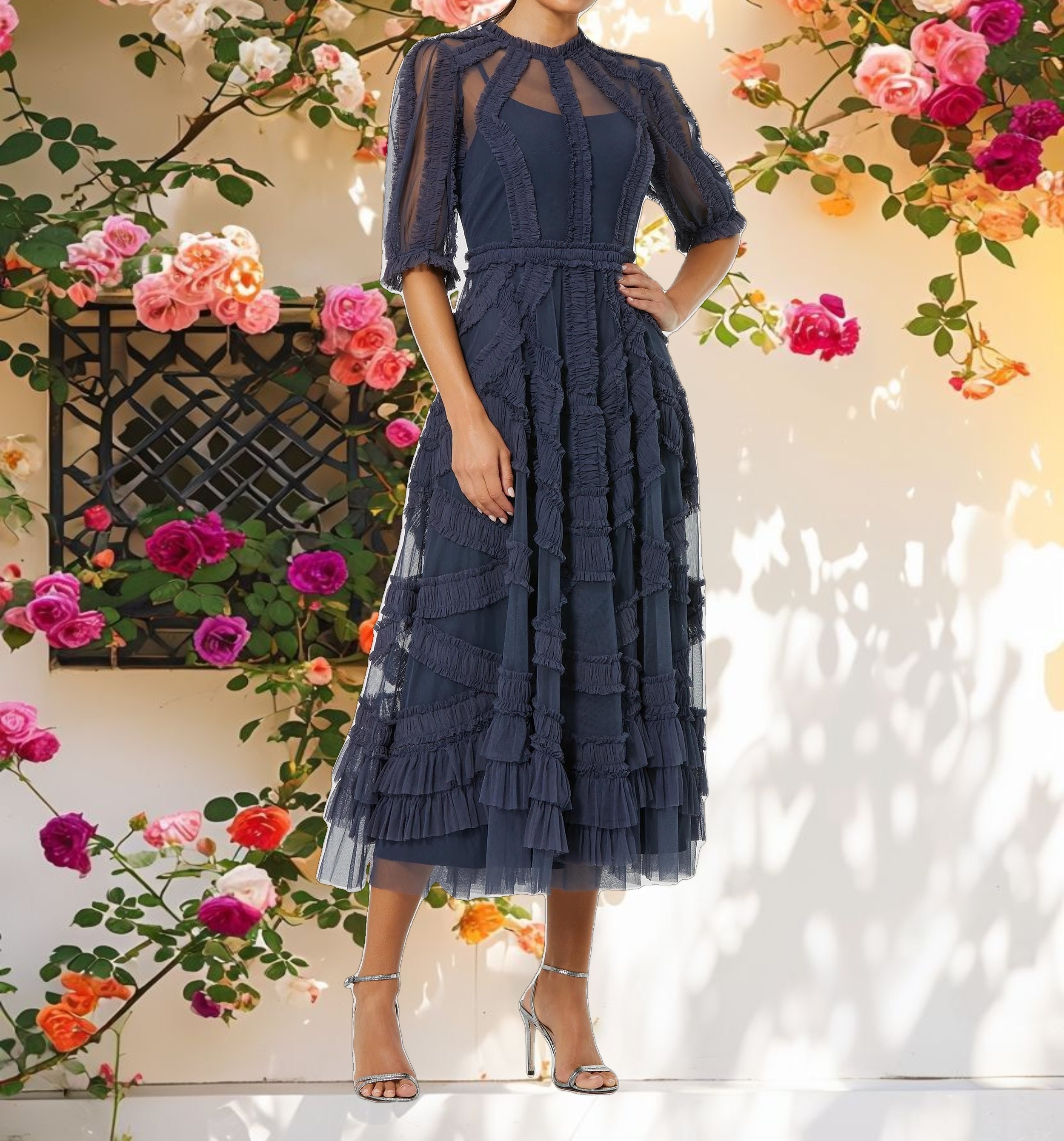 High Neck Ruffle Tiered Midi Dress