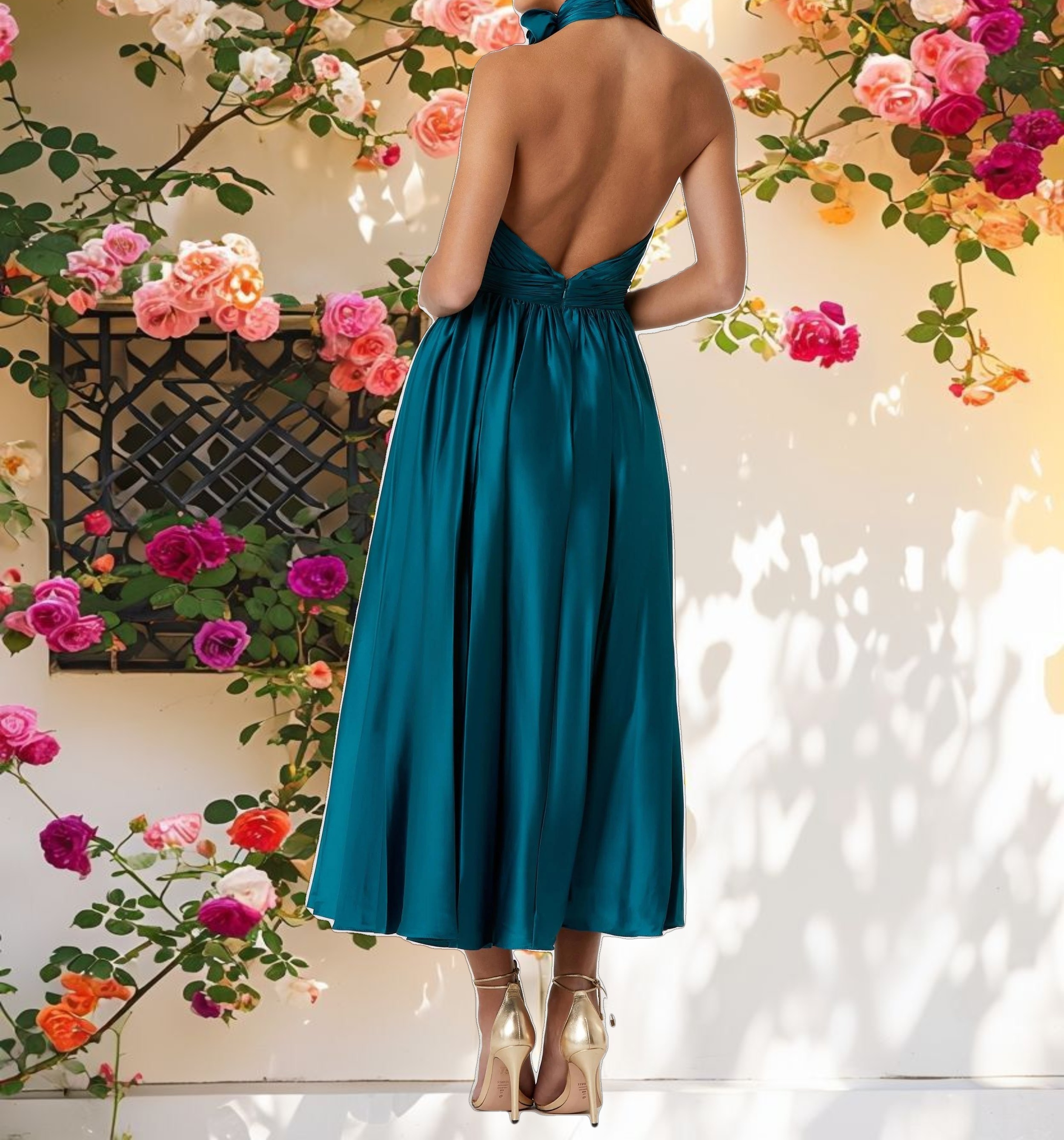 Teal Pleated Charmeuse High Neck Sleeveless Midi Dress