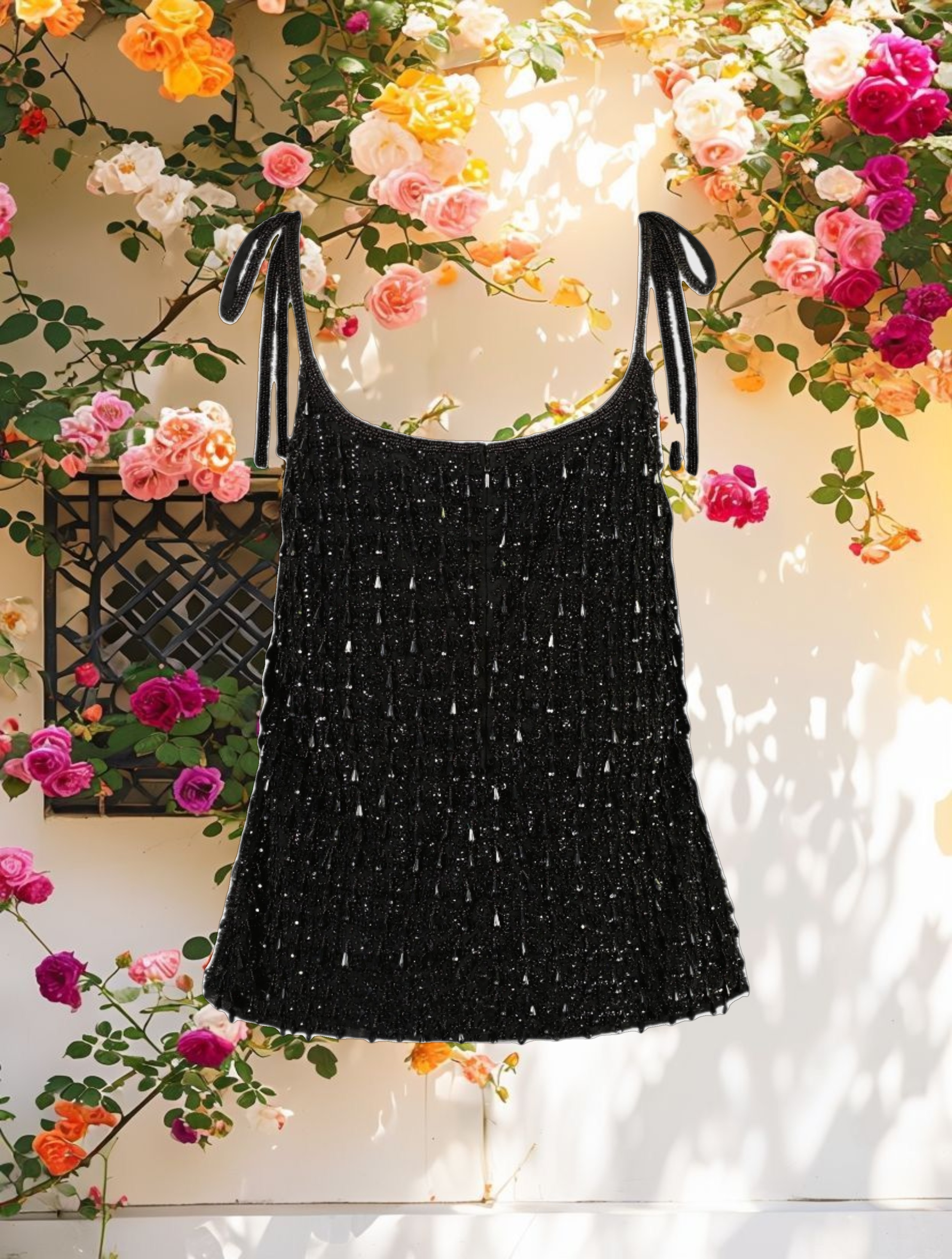 Black Crystal Embellished Soft Tie Cami Top - FINAL SALE