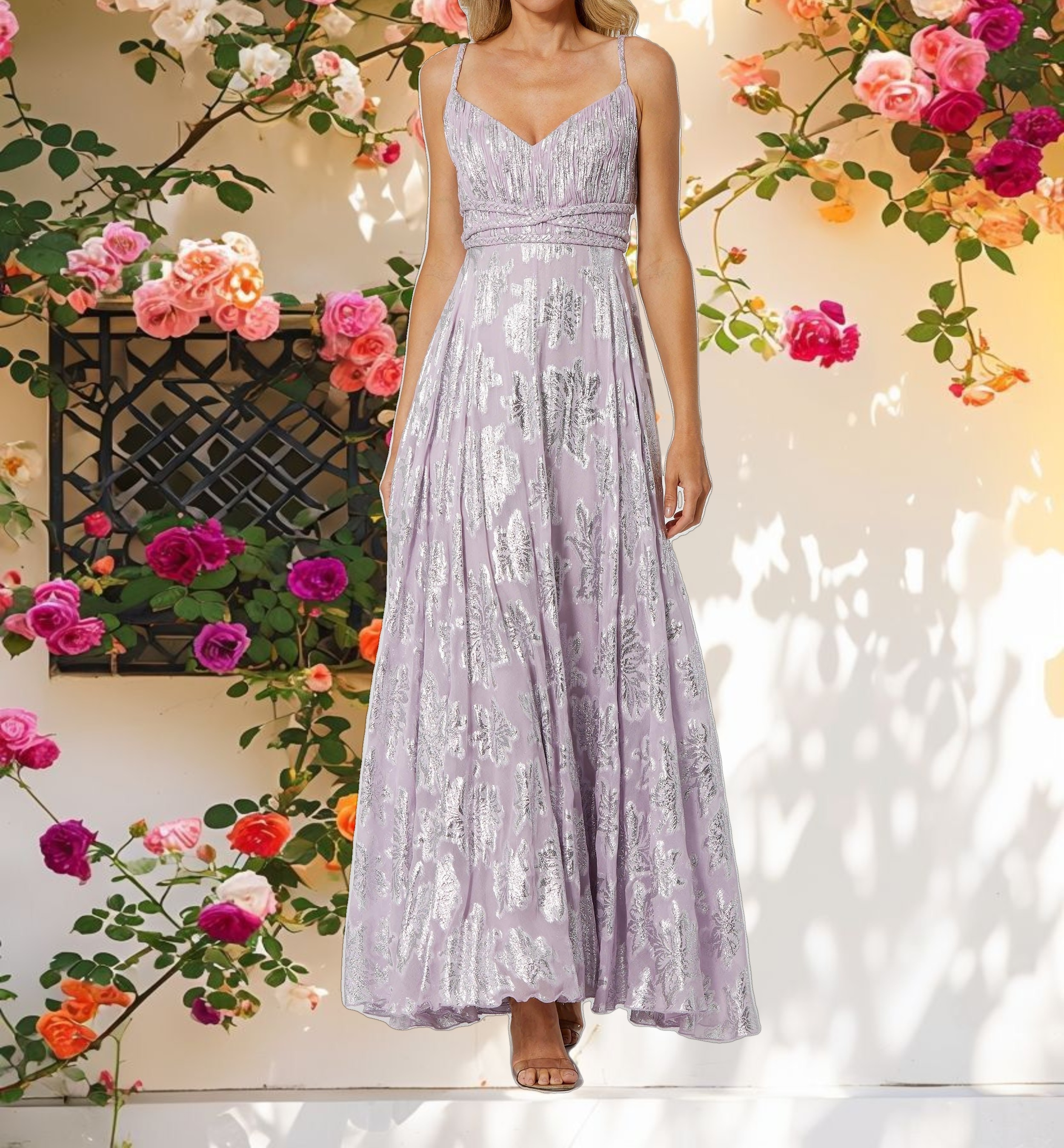 Blue Woven Strap A Line Floral Dress