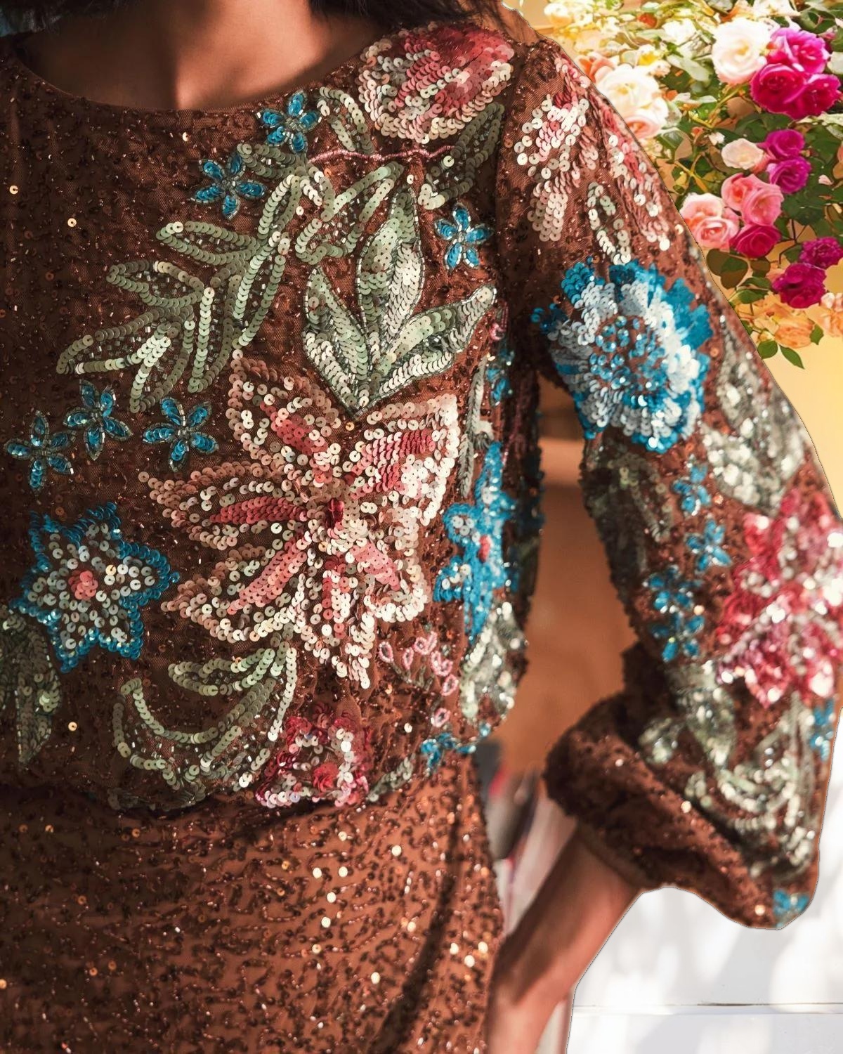 Brown Embellished Floral High Neck Gown