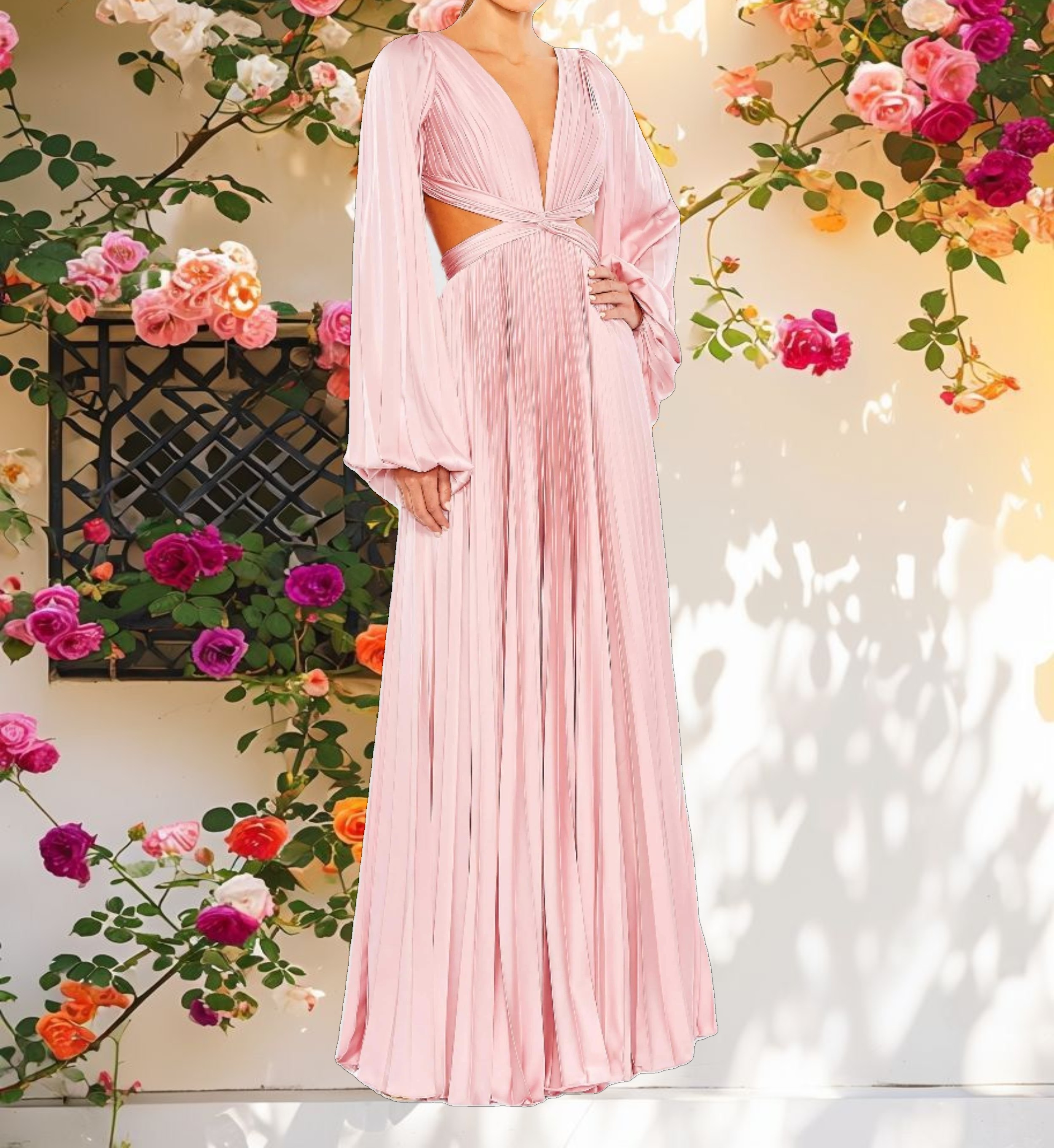 Pink Long Sleeve Pleated Charmeuse Gown