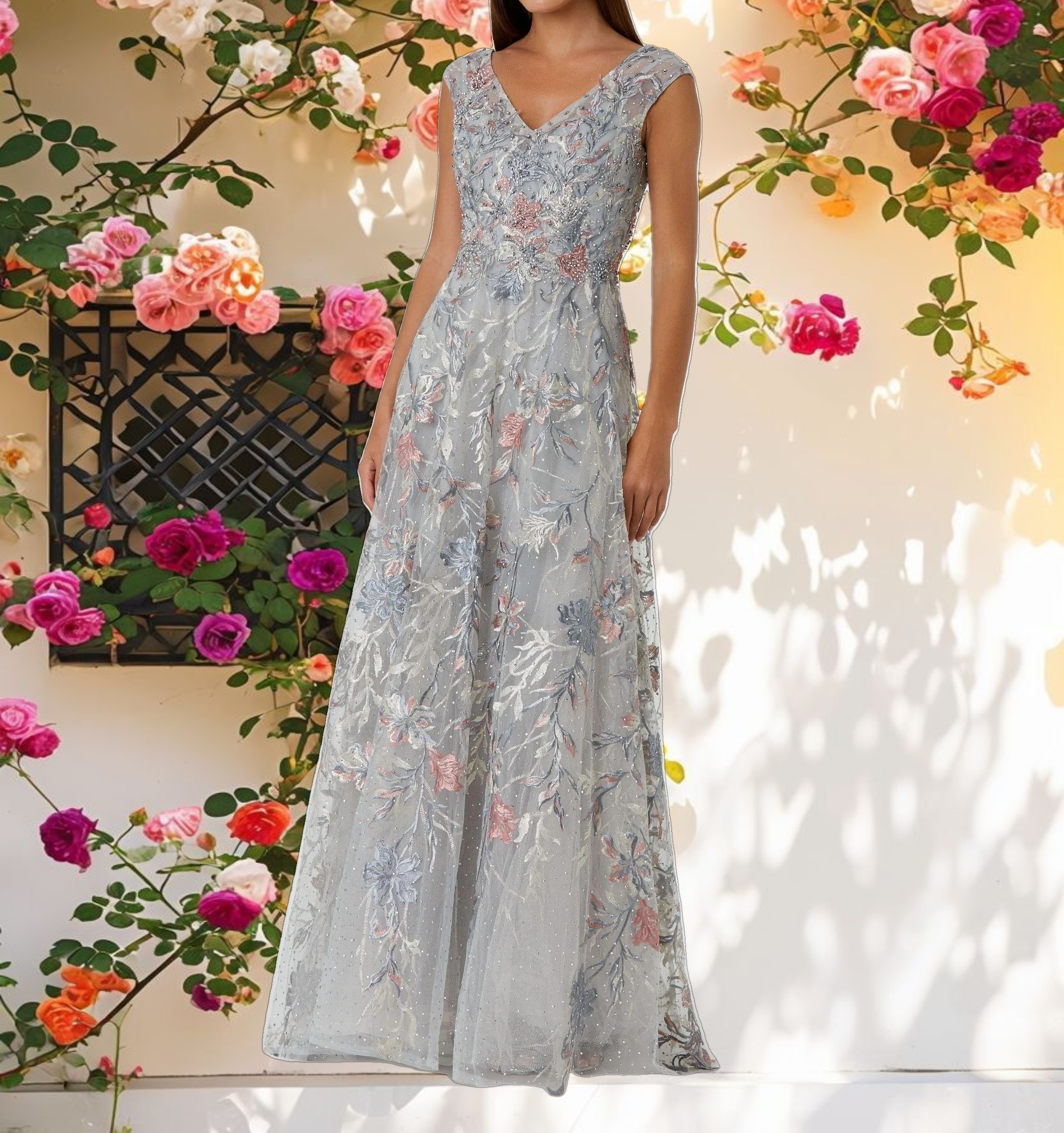 Gray Embroidered Illusion Cap Sleeve A Line Gown