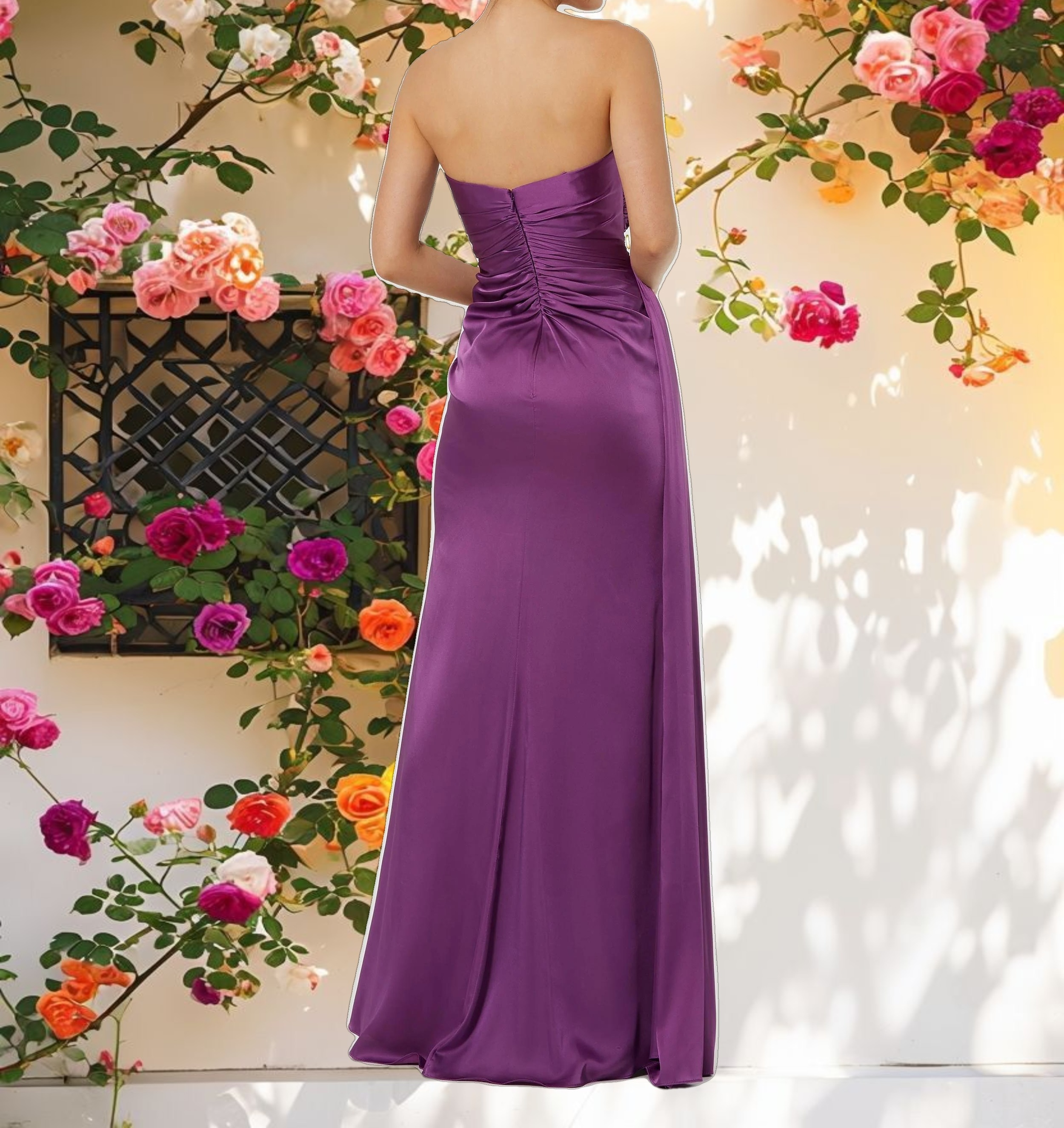 Blue Strapless Decorated Heartneck Satin Dress