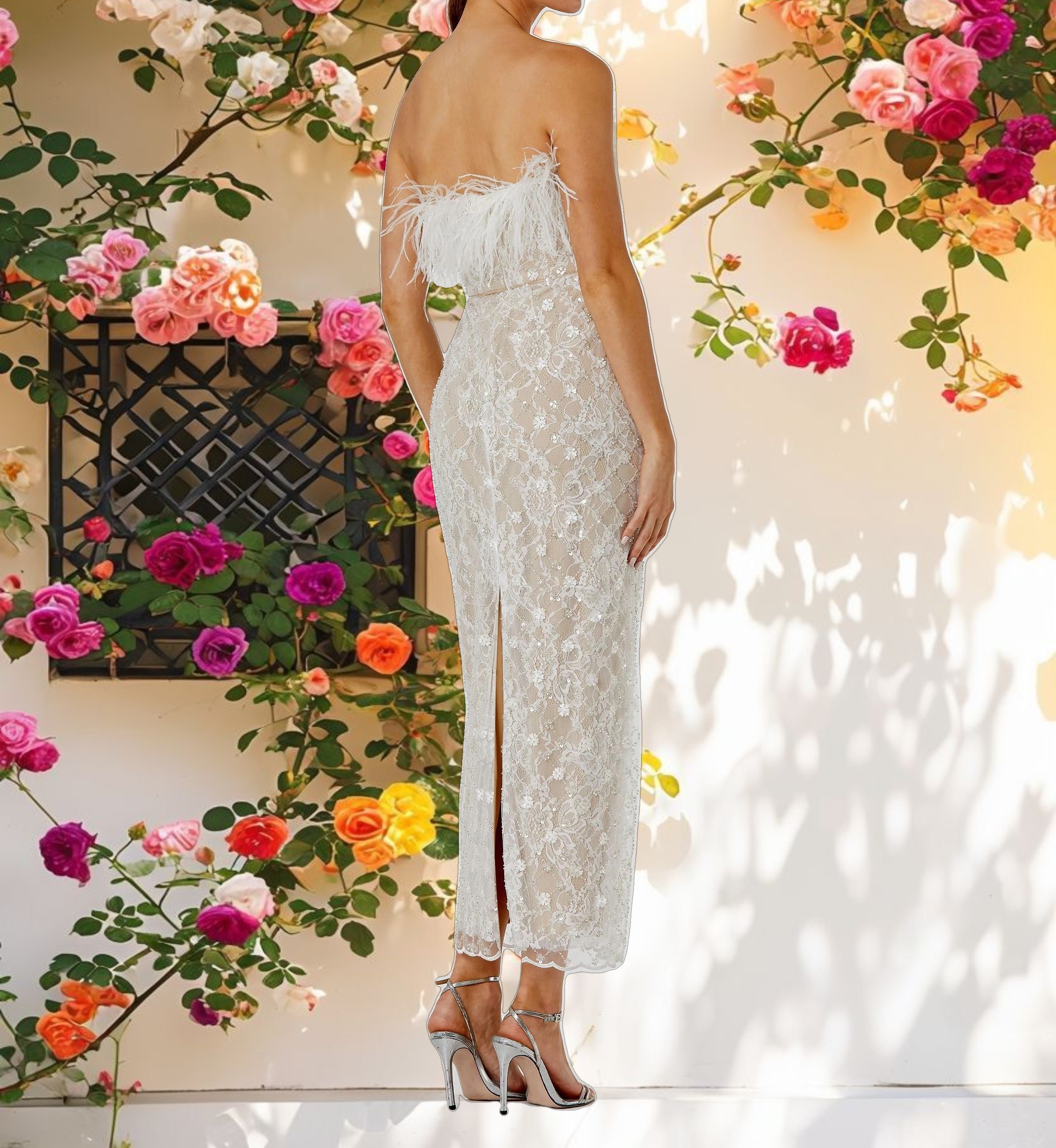 White and Beige Embellished Feather Strapless Column Dress