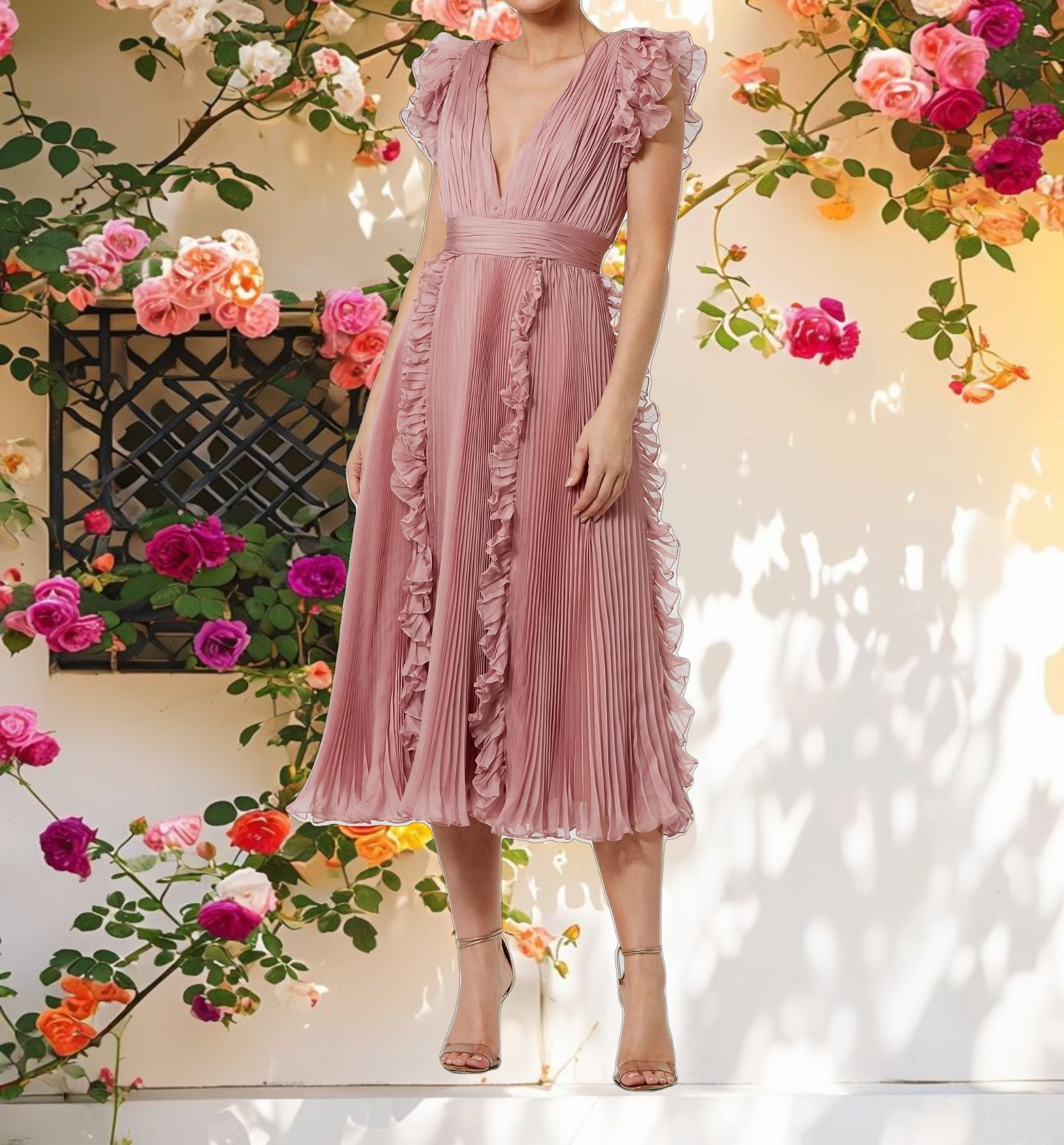 Pleated Fabric V Neck Ruffle Midi Dress