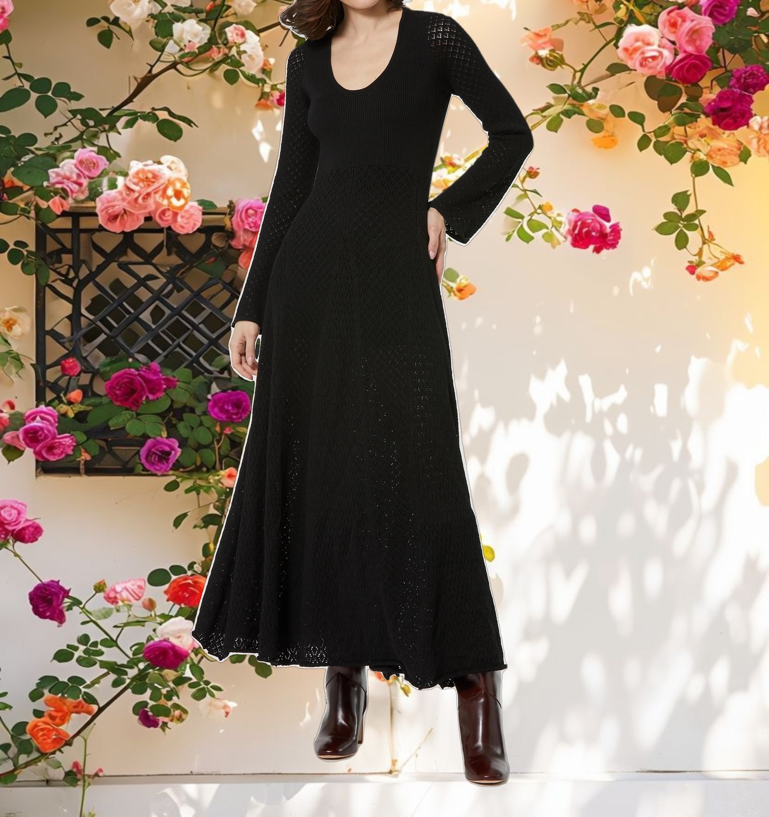 Scoop Neck Long Sleeve Knit Maxi Dress