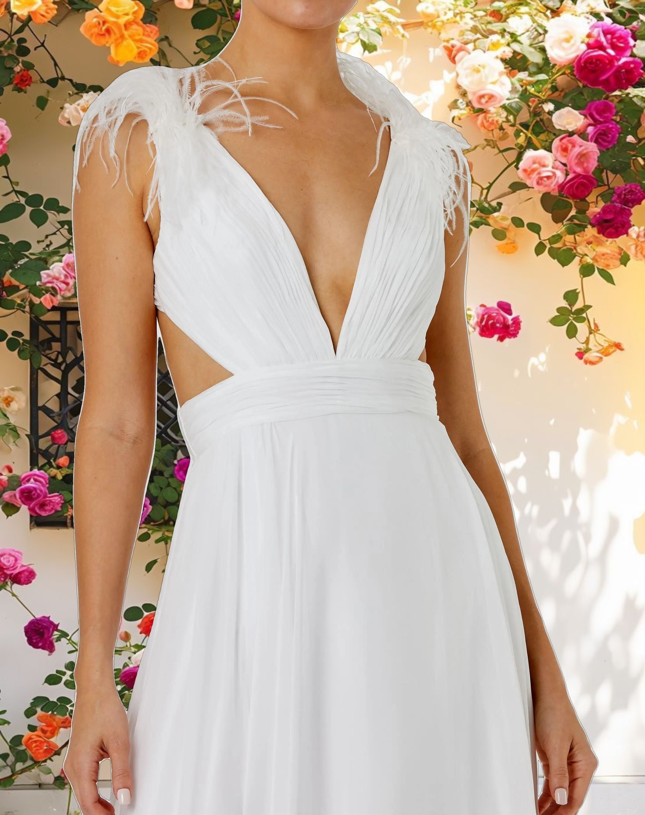 White Plunge Feather A Line Dress